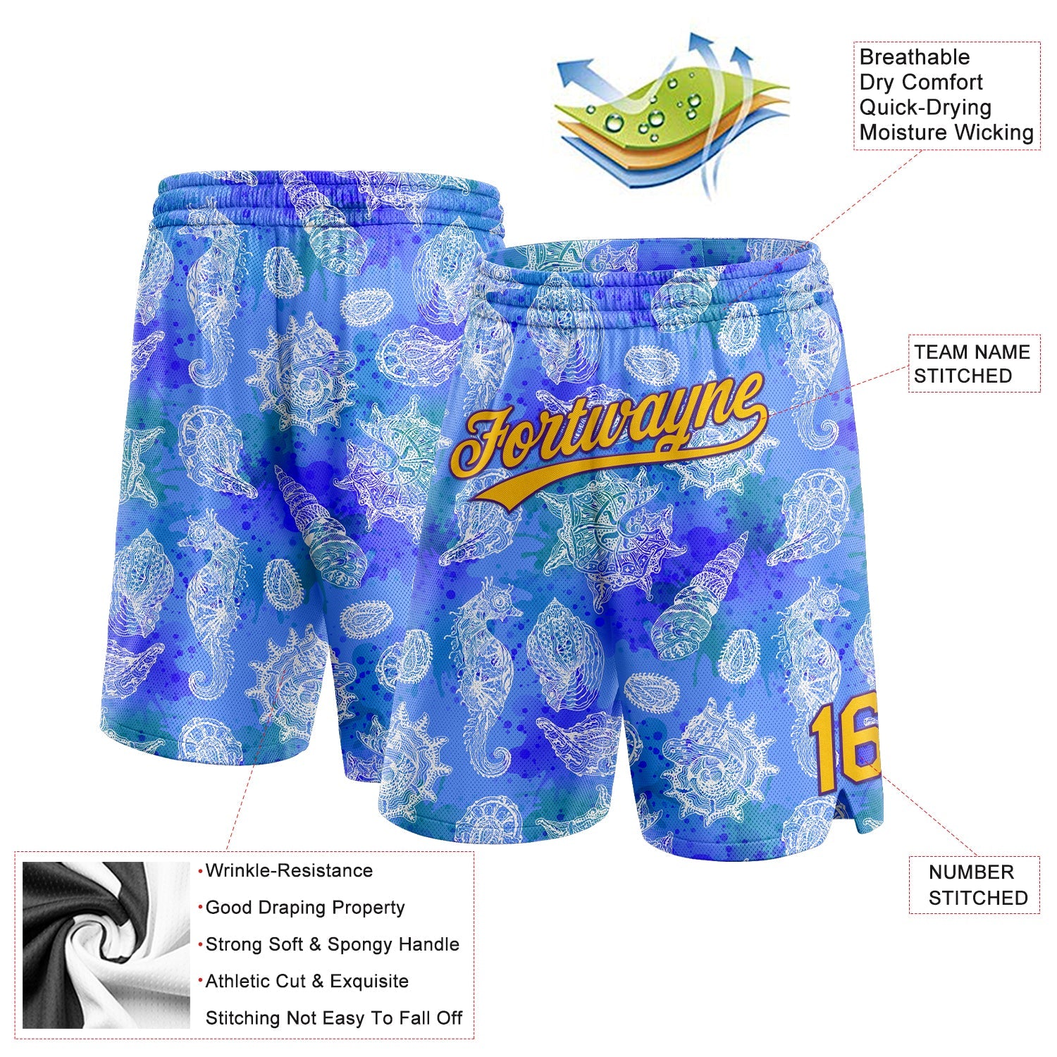 Custom Royal Yellow-Purple 3D Pattern Conch And Seahorse Authentic Basketball Shorts view 2