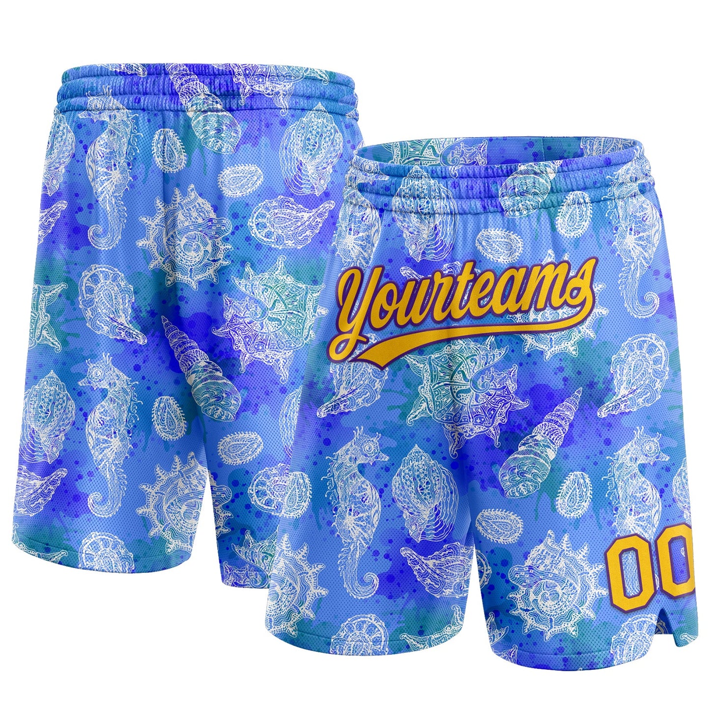 Custom Royal Yellow-Purple 3D Pattern Conch And Seahorse Authentic Basketball Shorts - Main View