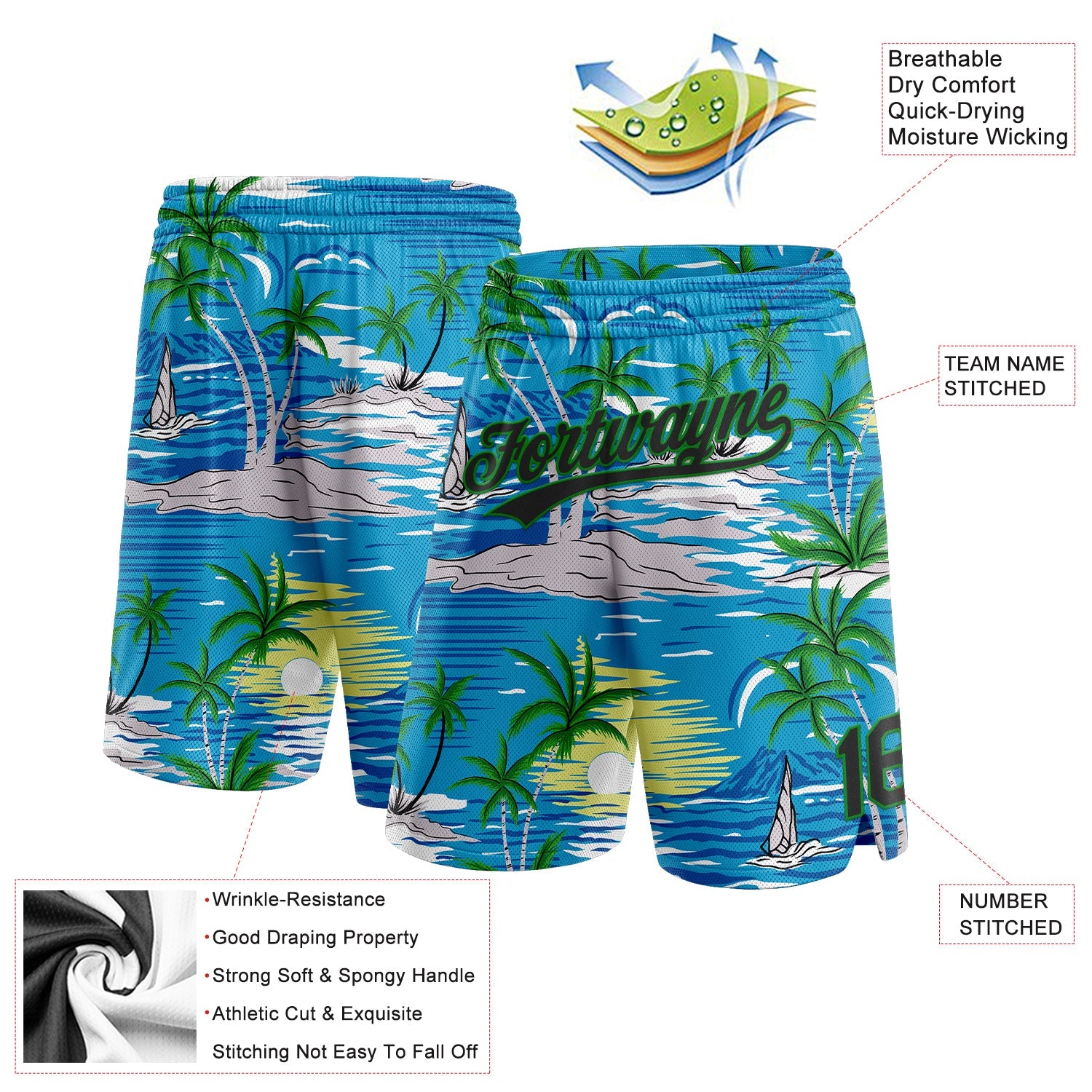Custom Sky Blue Black-Grass Green 3D Pattern Hawaii Palm Trees And Island Authentic Basketball Shorts view 2