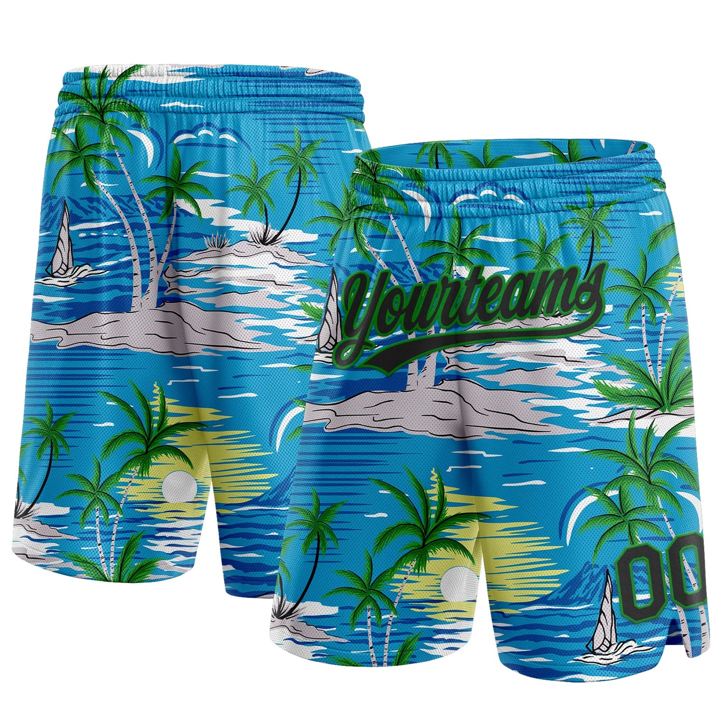 Custom Sky Blue Black-Grass Green 3D Pattern Hawaii Palm Trees And Island Authentic Basketball Shorts - Main View
