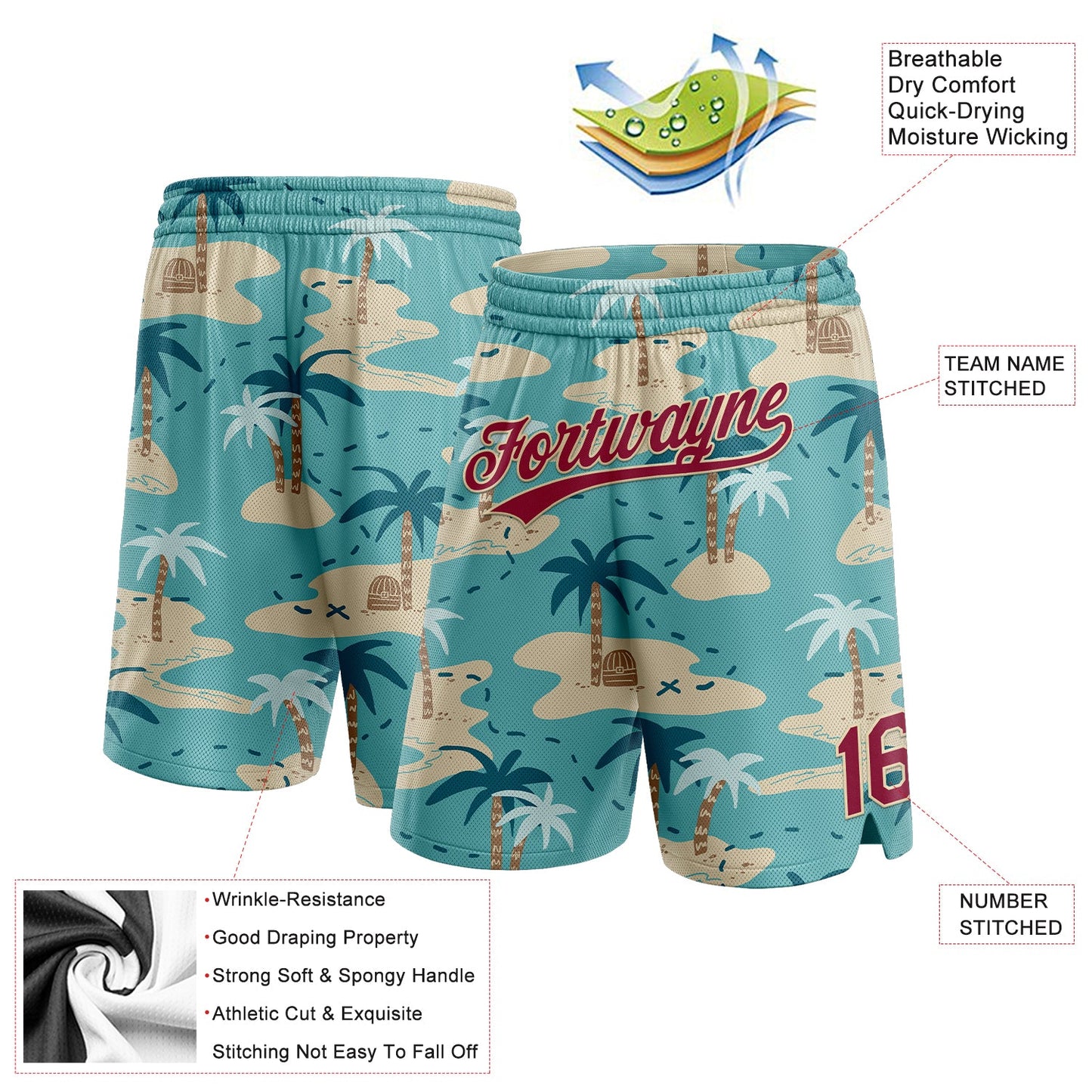 Custom Panther Blue Maroon-City Cream 3D Pattern Beach Hawaii Palm Trees Authentic Basketball Shorts view 2