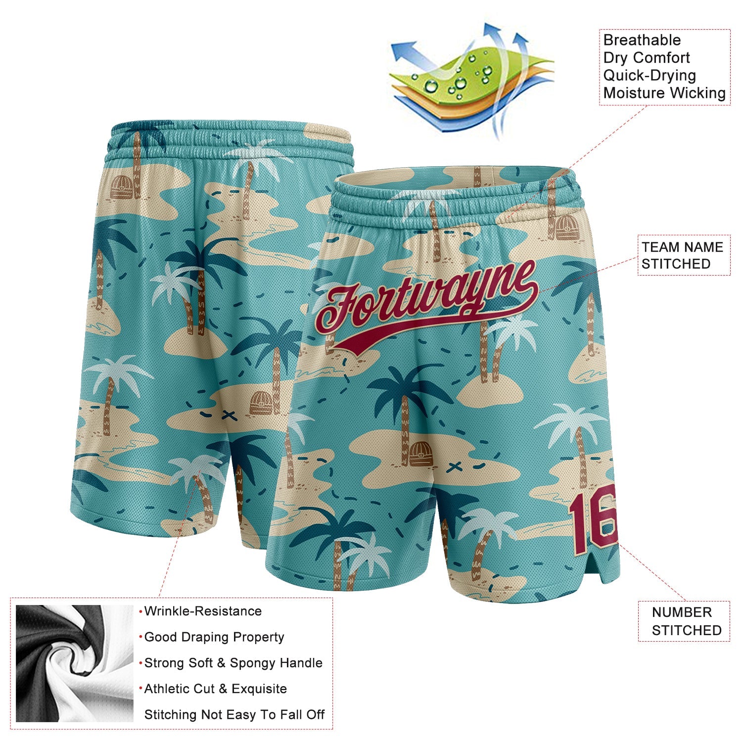 Custom Panther Blue Maroon-City Cream 3D Pattern Beach Hawaii Palm Trees Authentic Basketball Shorts view 2