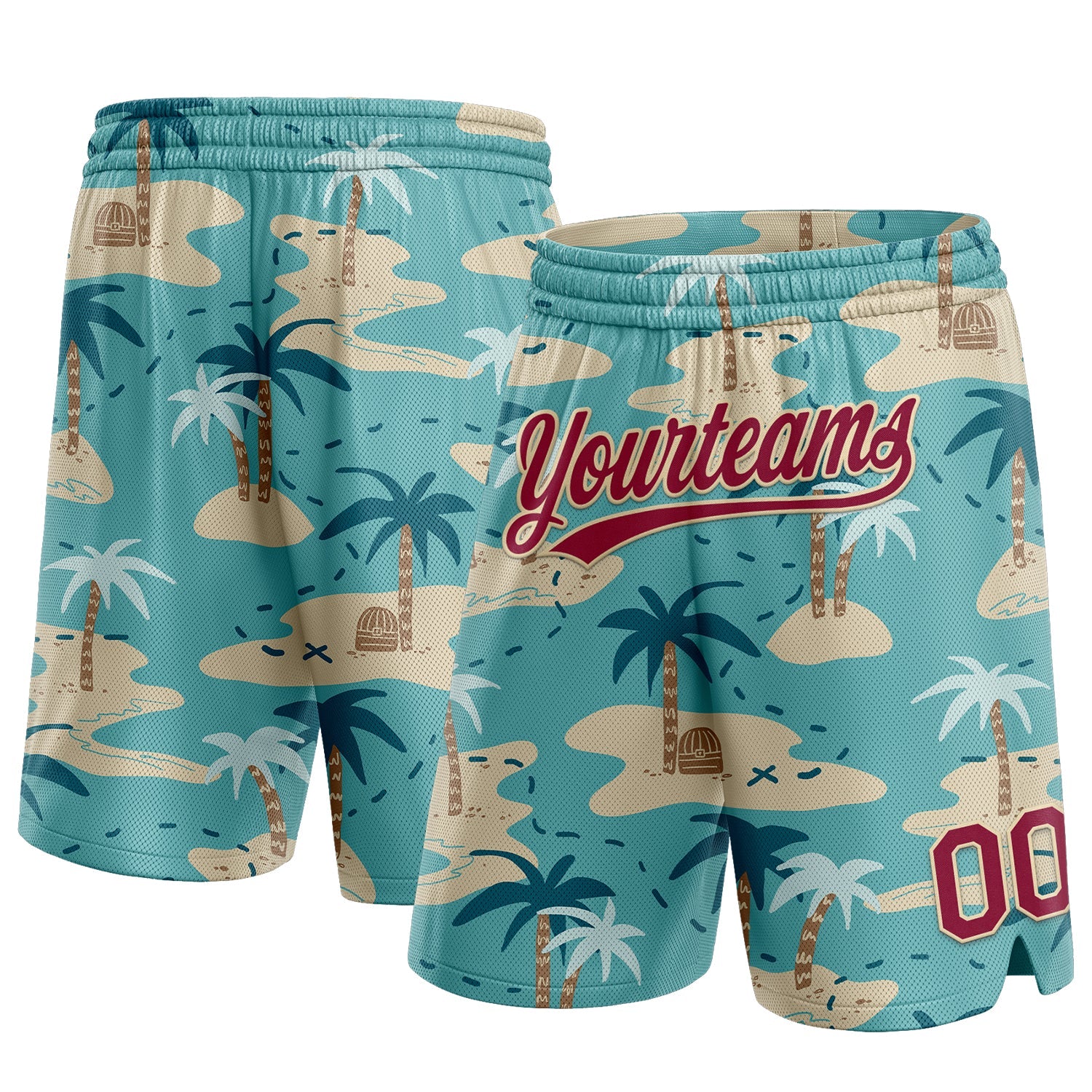 Custom Panther Blue Maroon-City Cream 3D Pattern Beach Hawaii Palm Trees Authentic Basketball Shorts - Main View