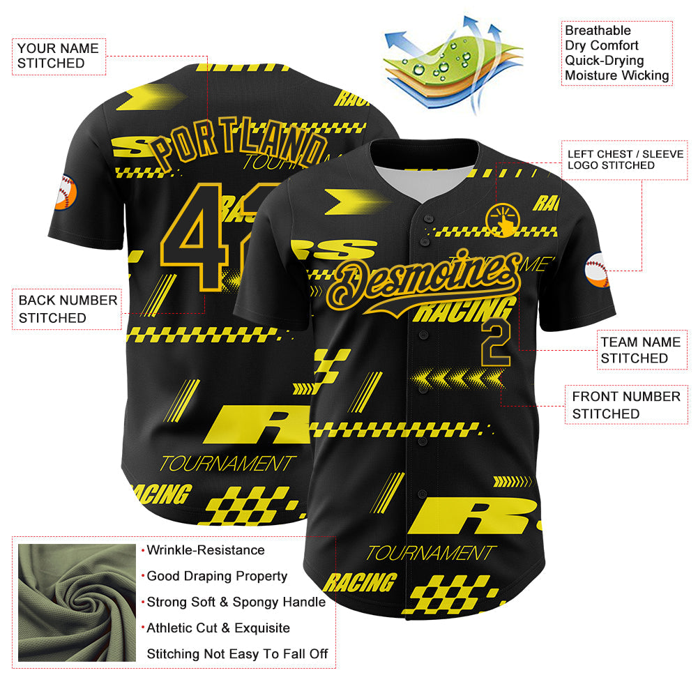 Custom Black Yellow Car Racing Formula Auto Motorsport Authentic Baseball Jersey view 3
