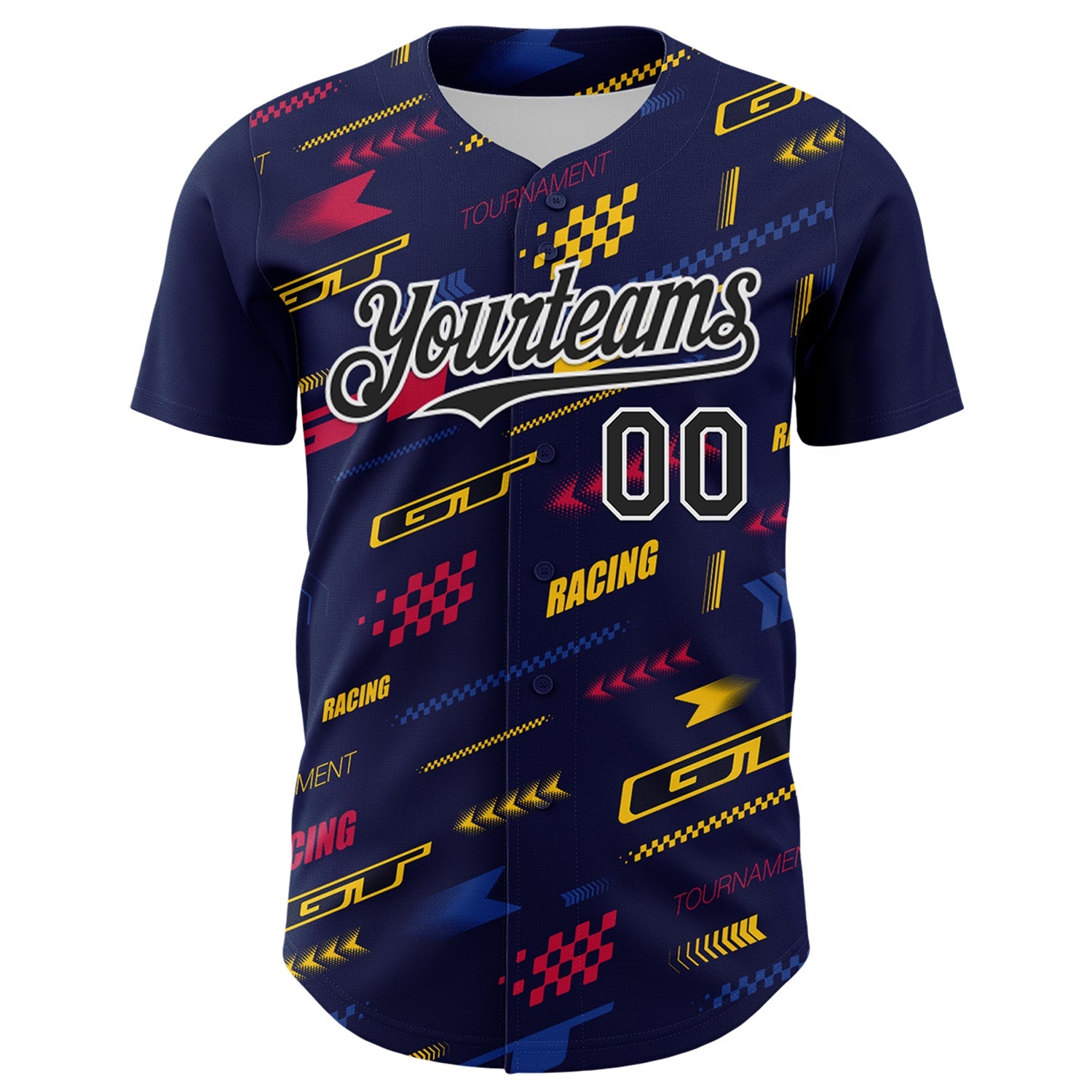 Custom Navy Black White Red-Yellow Car Racing Formula Auto Motorsport Authentic Baseball Jersey view 2