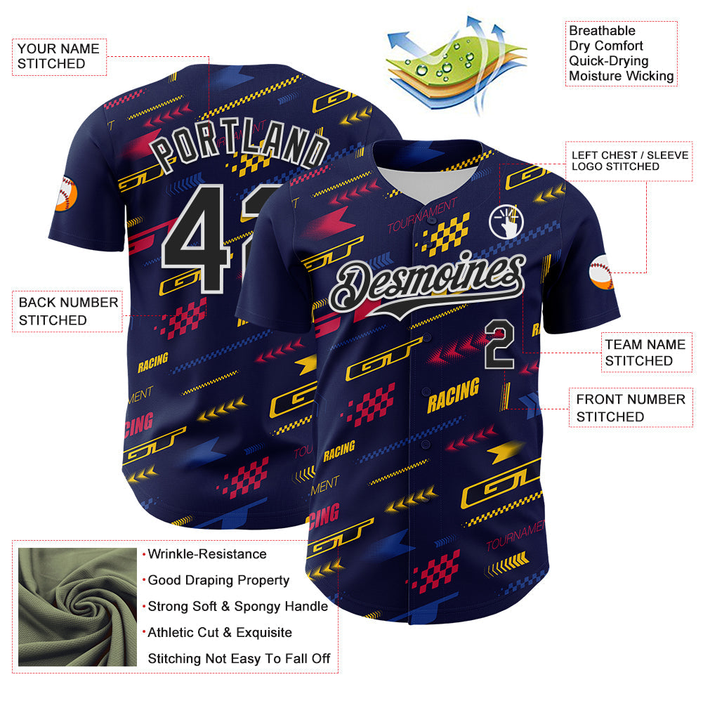 Custom Navy Black White Red-Yellow Car Racing Formula Auto Motorsport Authentic Baseball Jersey view 3