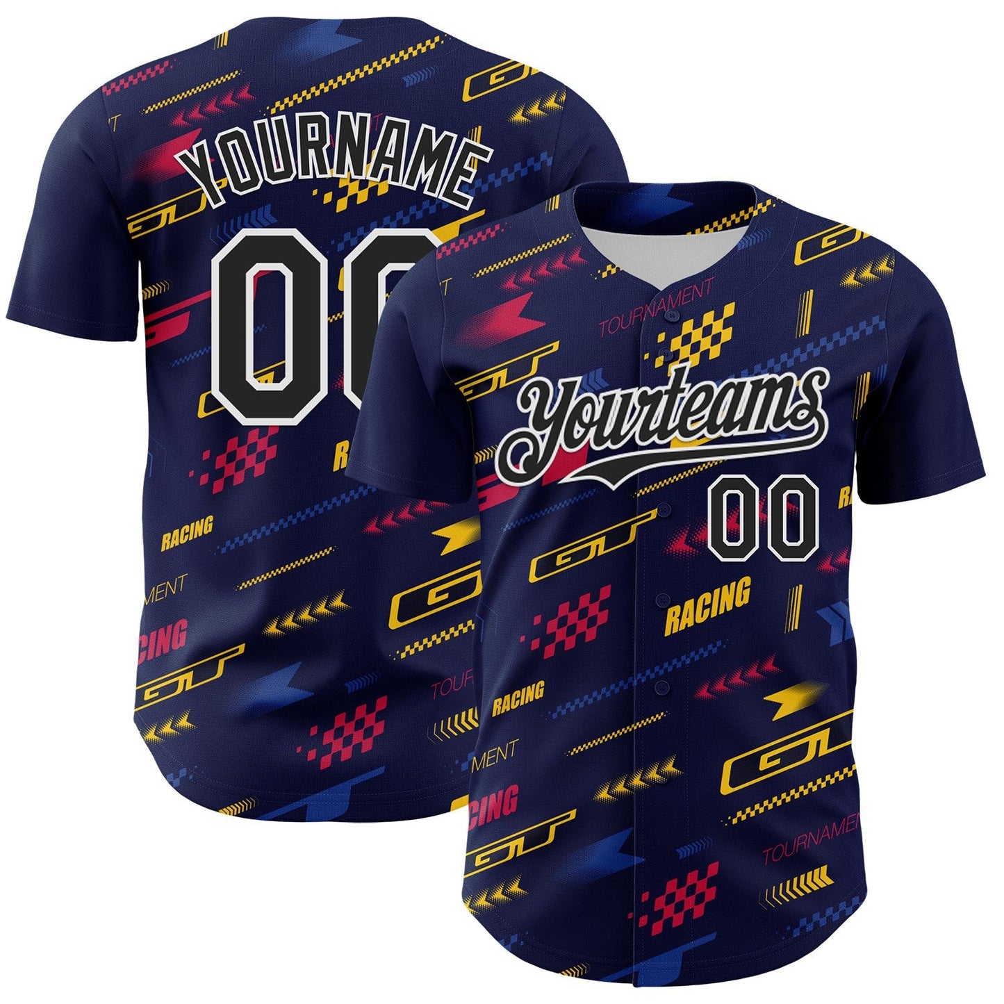 Custom Navy Black White Red-Yellow Car Racing Formula Auto Motorsport Authentic Baseball Jersey - Main View