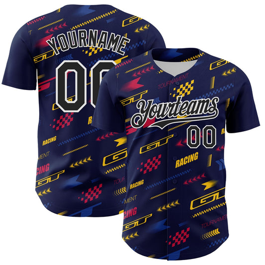 Custom Navy Black White Red-Yellow Car Racing Formula Auto Motorsport Authentic Baseball Jersey - Main View