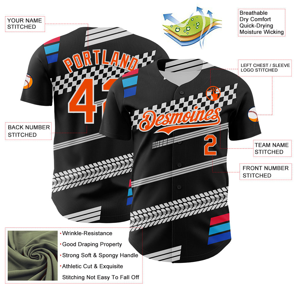 Custom Black Orange White-Blue Car Racing Formula Auto Motorsport Authentic Baseball Jersey view 3