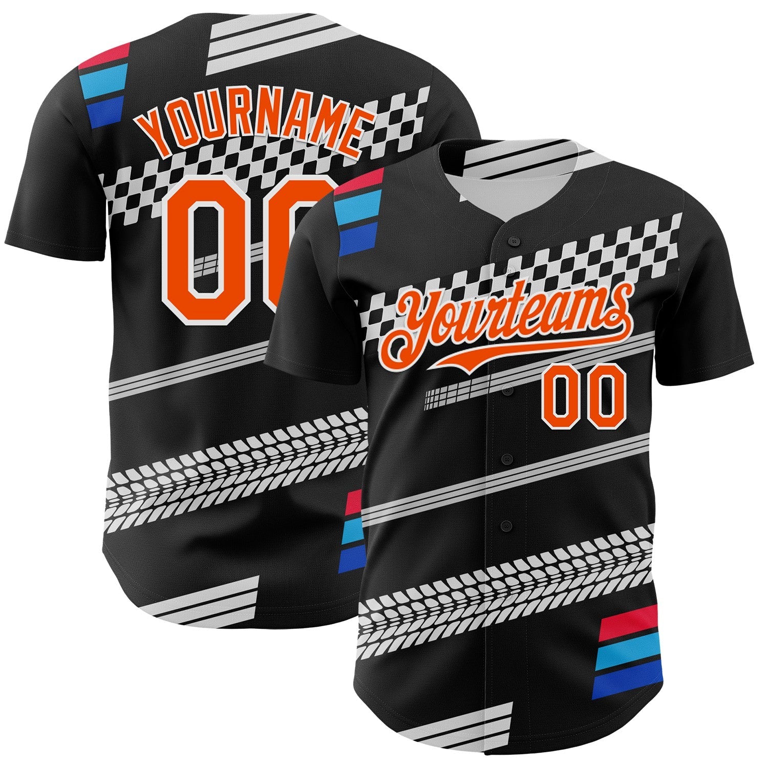 Custom Black Orange White-Blue Car Racing Formula Auto Motorsport Authentic Baseball Jersey - Main View
