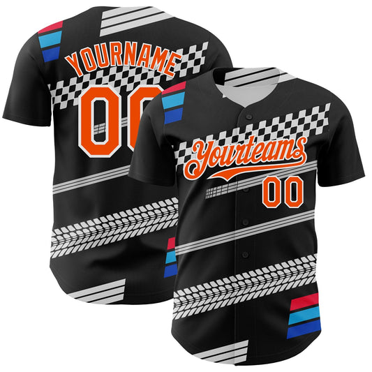 Custom Black Orange White-Blue Car Racing Formula Auto Motorsport Authentic Baseball Jersey - Main View