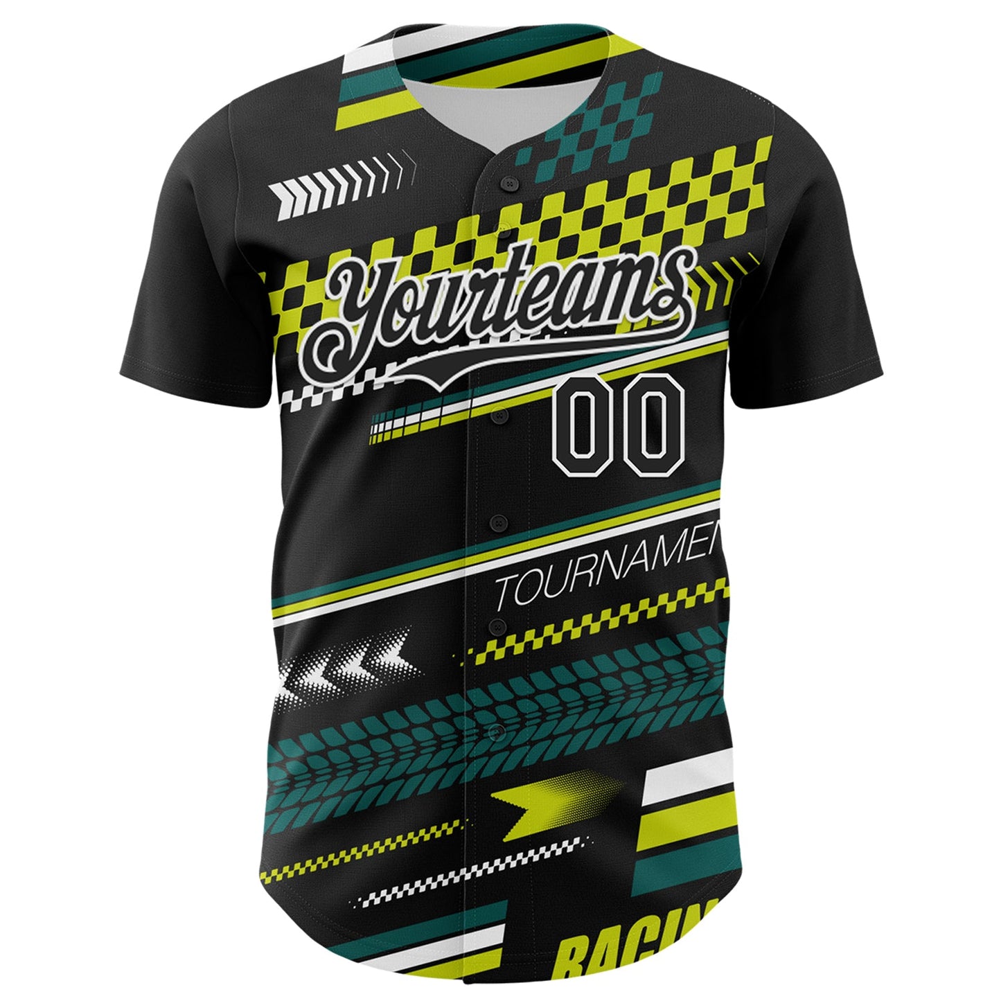 Custom Black White Yellow-Green Car Racing Formula Auto Motorsport Authentic Baseball Jersey view 2