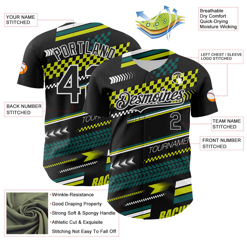 Custom Black White Yellow-Green Car Racing Formula Auto Motorsport Authentic Baseball Jersey view 3