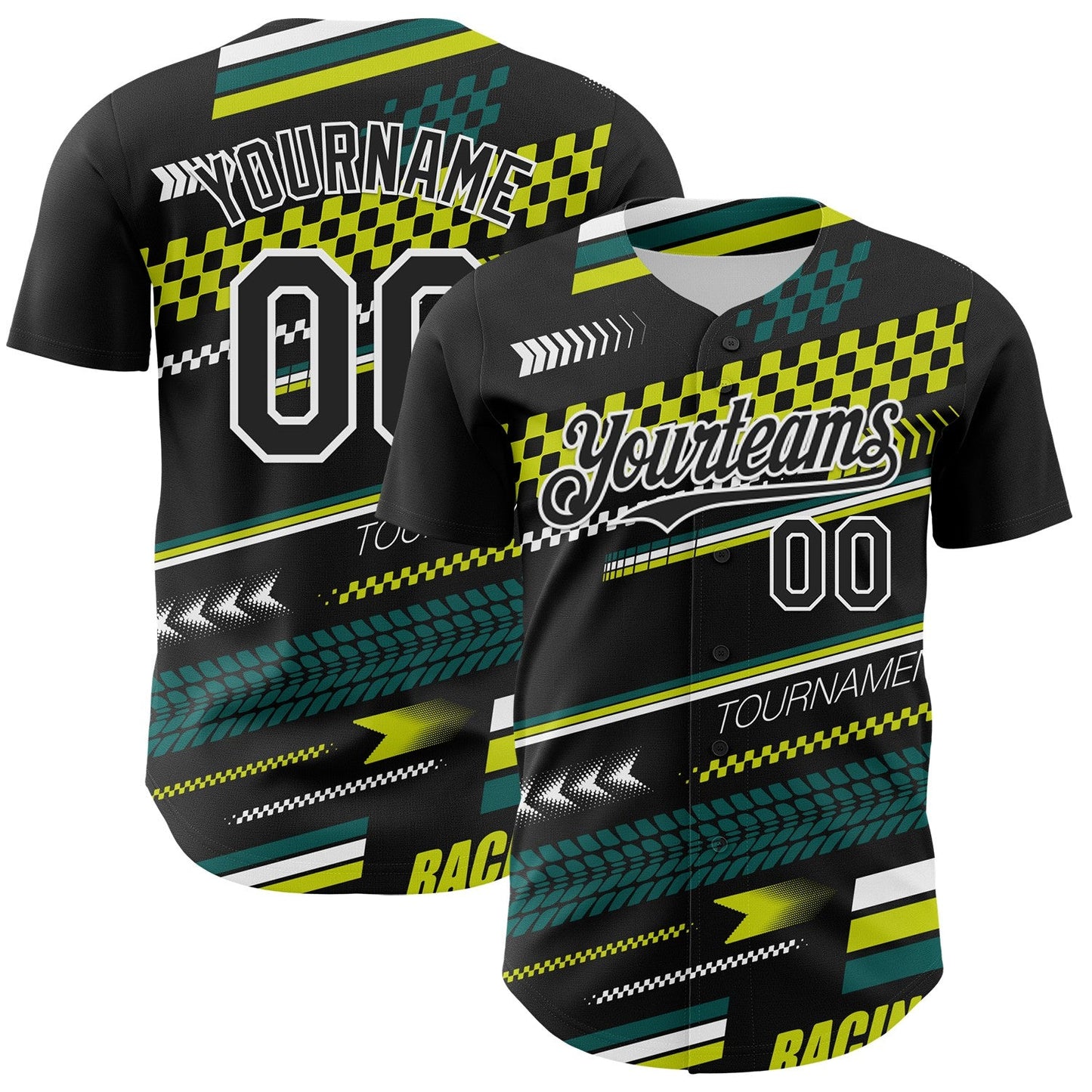 Custom Black White Yellow-Green Car Racing Formula Auto Motorsport Authentic Baseball Jersey - Main View