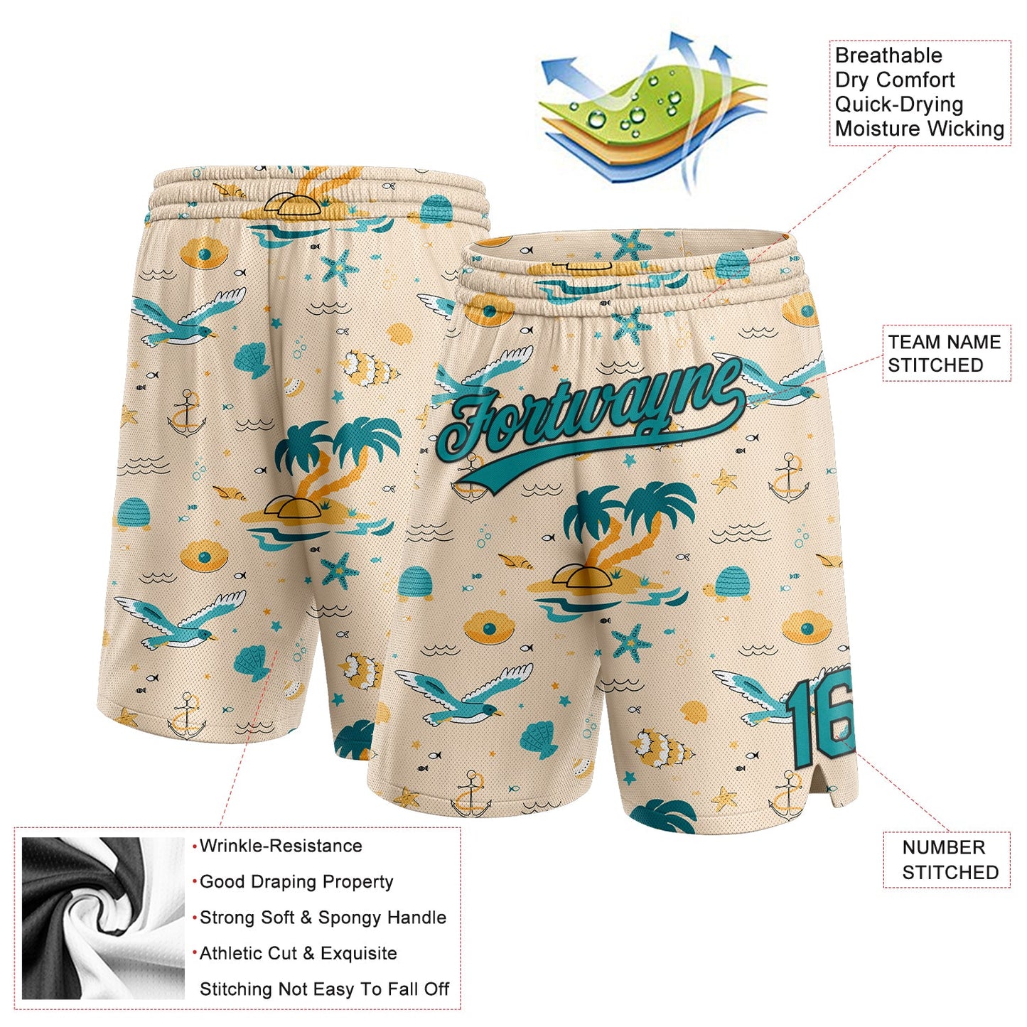 Custom Cream Teal-Black 3D Pattern Beach Hawaii Palm Trees Authentic Basketball Shorts view 2