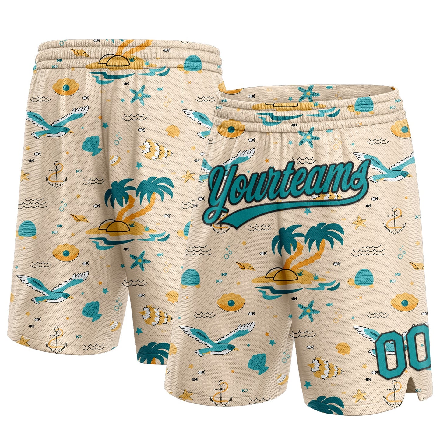 Custom Cream Teal-Black 3D Pattern Beach Hawaii Palm Trees Authentic Basketball Shorts - Main View