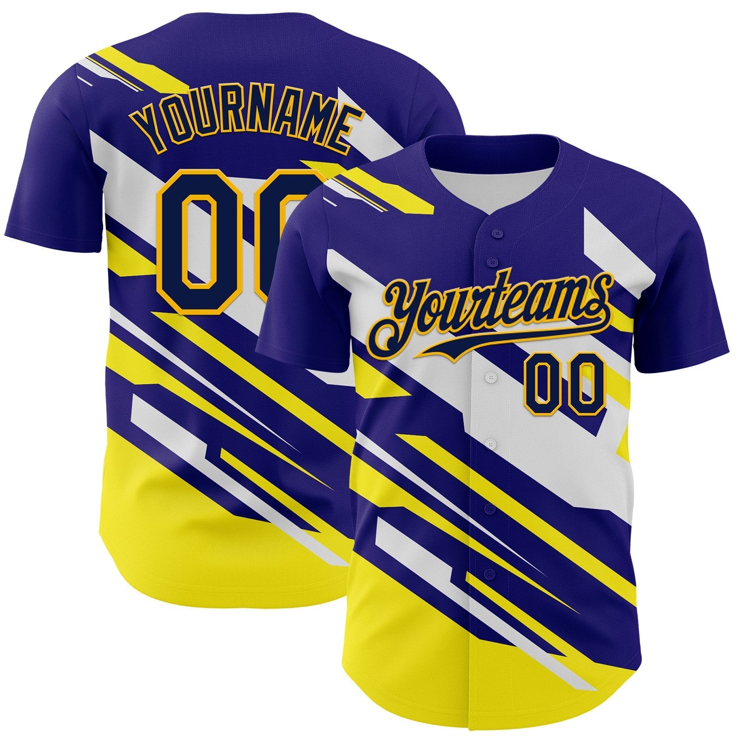Custom Purple Navy Yellow-White Car Racing Formula Auto Motorsport Authentic Baseball Jersey - Main View