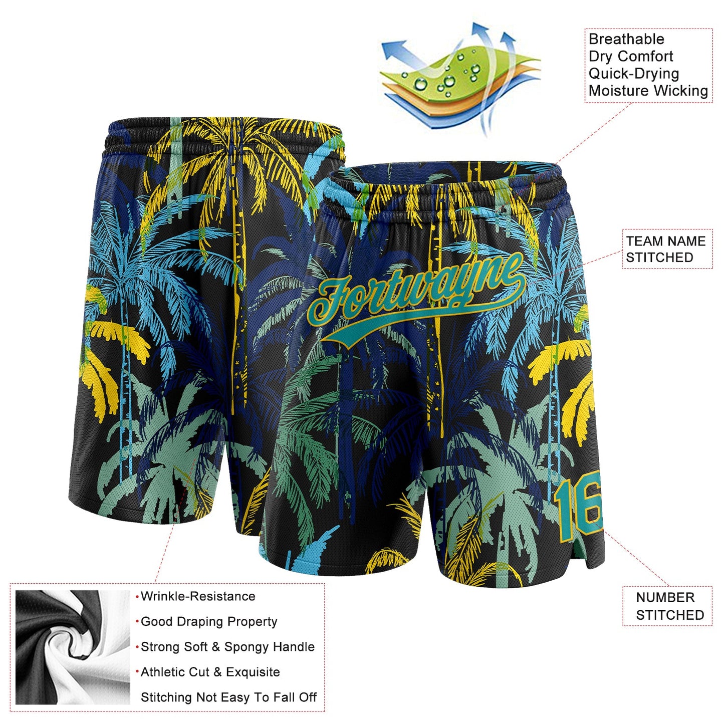 Custom Black Teal-Yellow 3D Pattern Hawaii Palm Trees Authentic Basketball Shorts view 2
