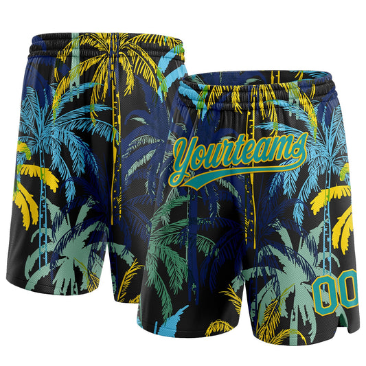 Custom Black Teal-Yellow 3D Pattern Hawaii Palm Trees Authentic Basketball Shorts - Main View