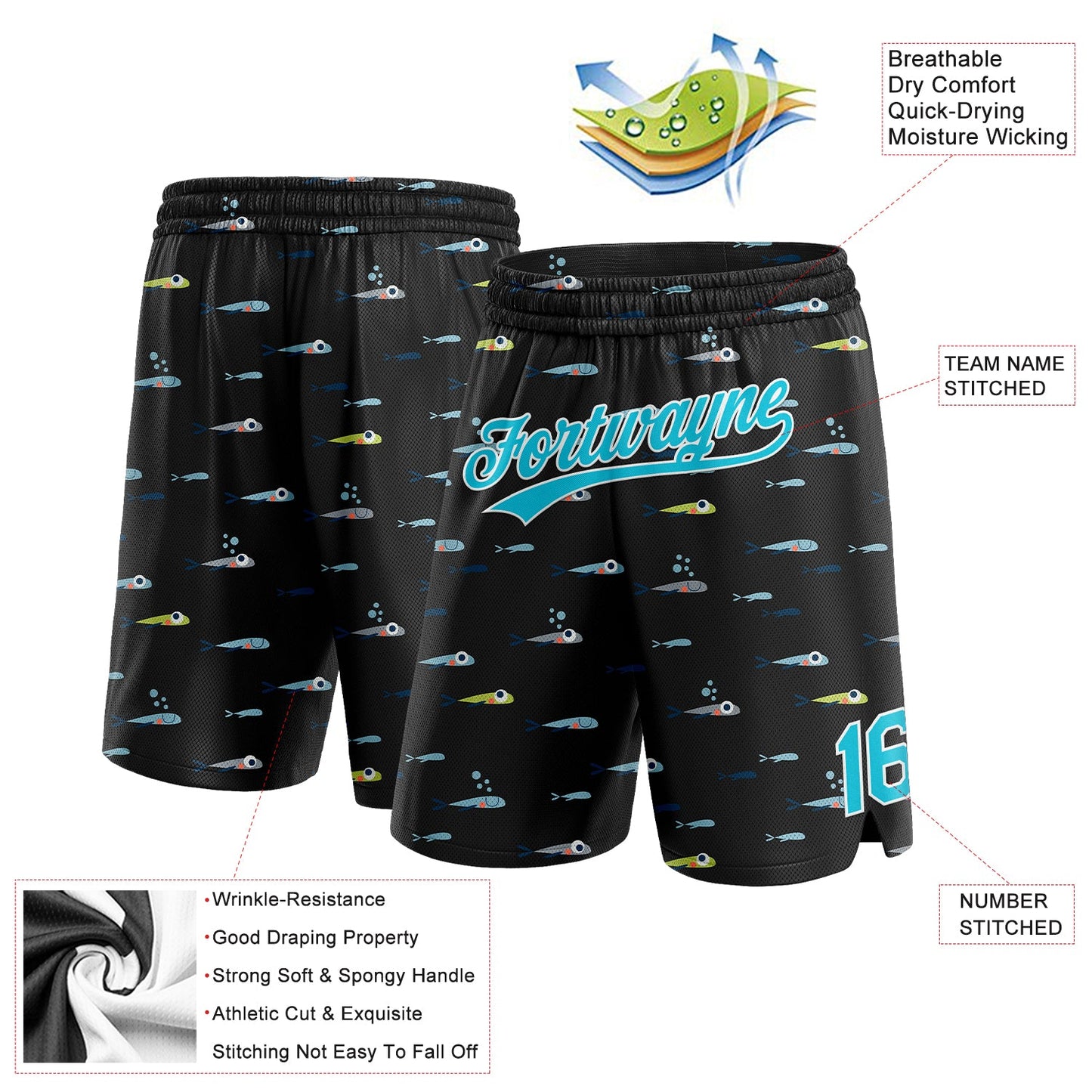Custom Black Lakes Blue-White 3D Pattern Fish Authentic Basketball Shorts view 2