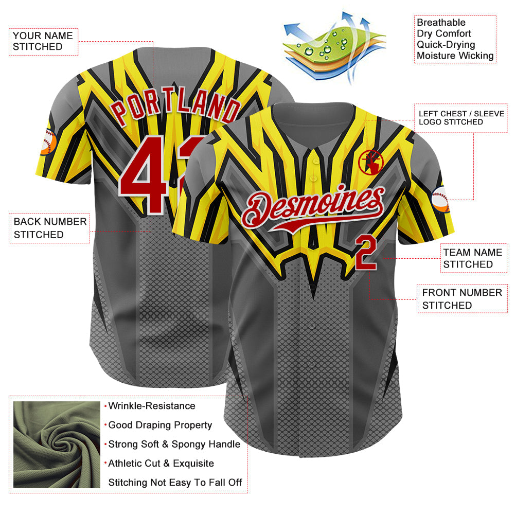 Custom Steel Gray Red White Yellow-Black Car Racing Formula Auto Motorsport Authentic Baseball Jersey view 3