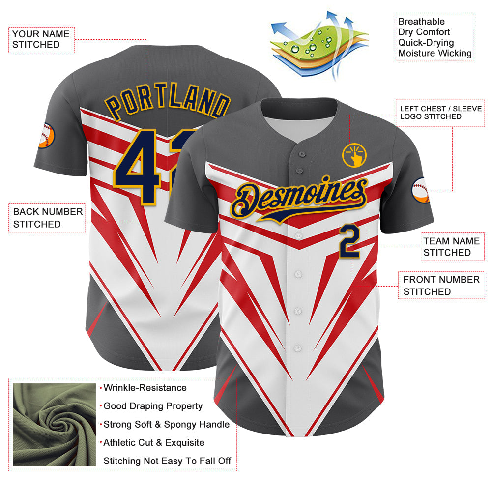 Custom Steel Gray Navy Gold White-Red Car Racing Formula Auto Motorsport Authentic Baseball Jersey view 3