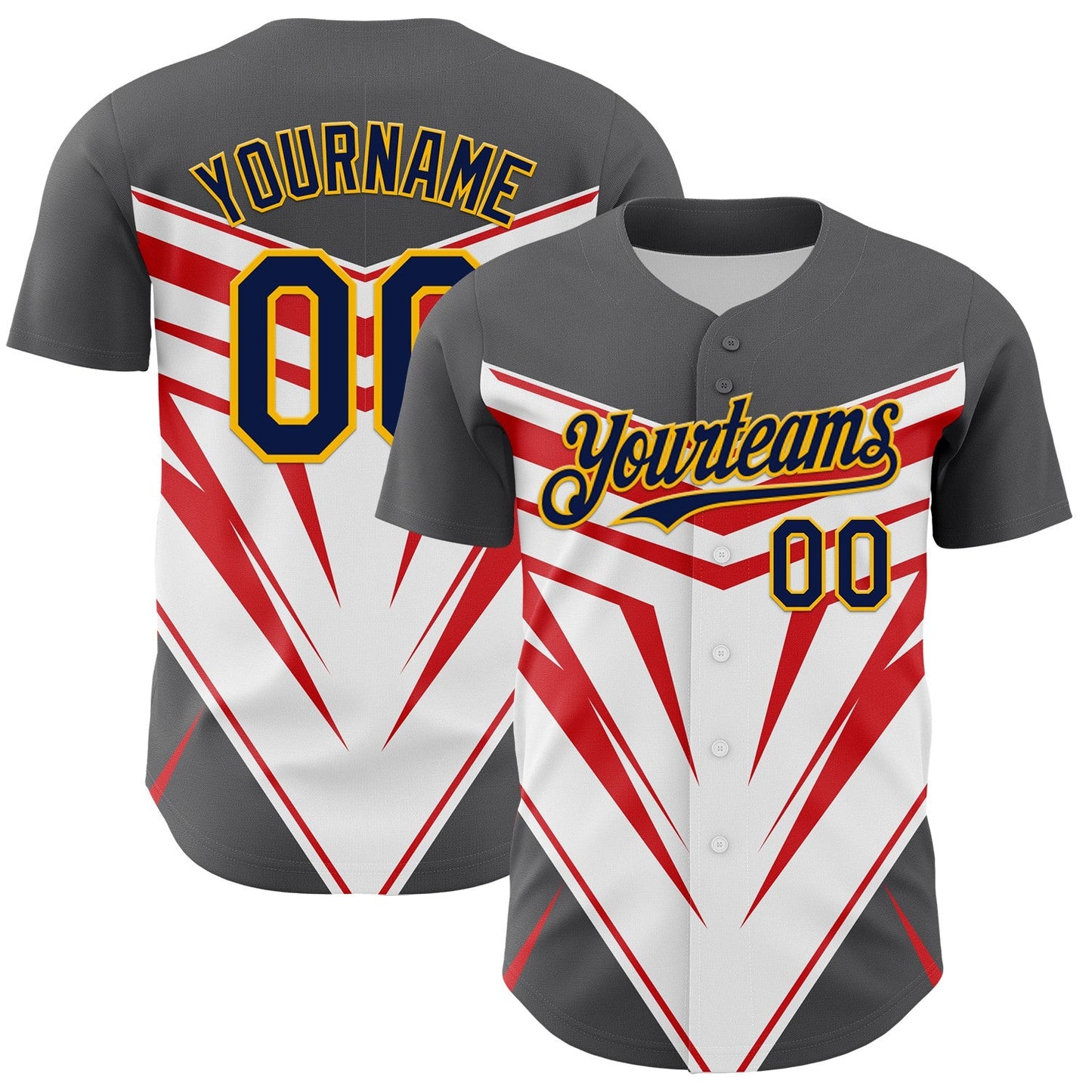 Custom Steel Gray Navy Gold White-Red Car Racing Formula Auto Motorsport Authentic Baseball Jersey - Main View