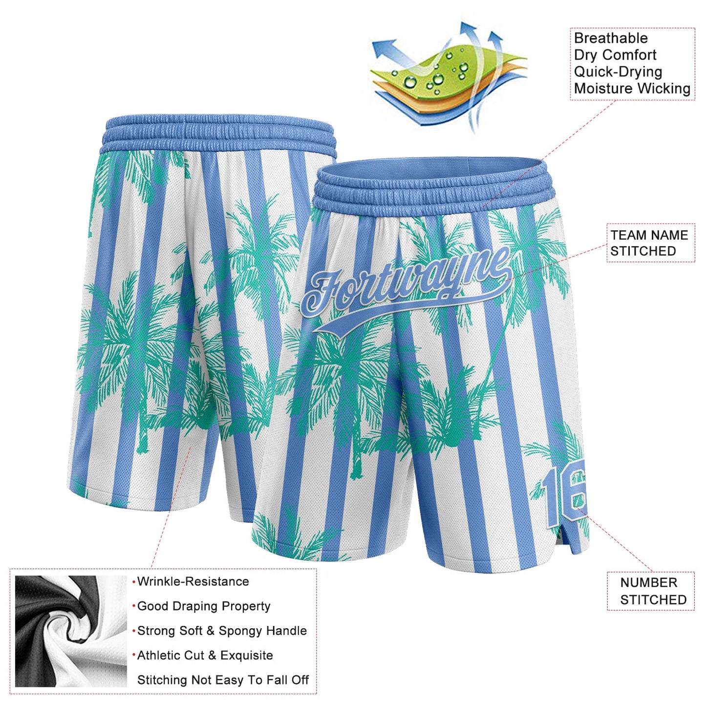 Custom White Light Blue 3D Pattern Hawaii Palm Trees Argentina Authentic Basketball Shorts view 2
