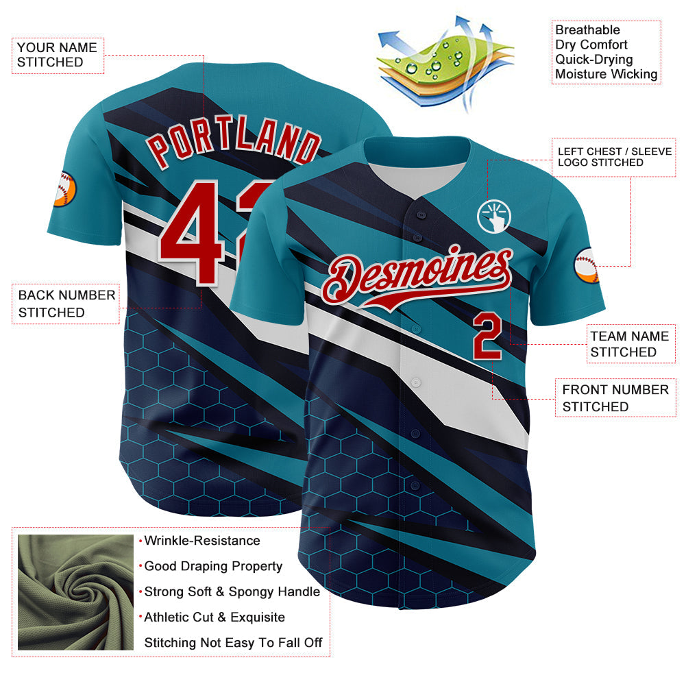 Custom Teal Red White-Navy Car Racing Formula Auto Motorsport Authentic Baseball Jersey view 3