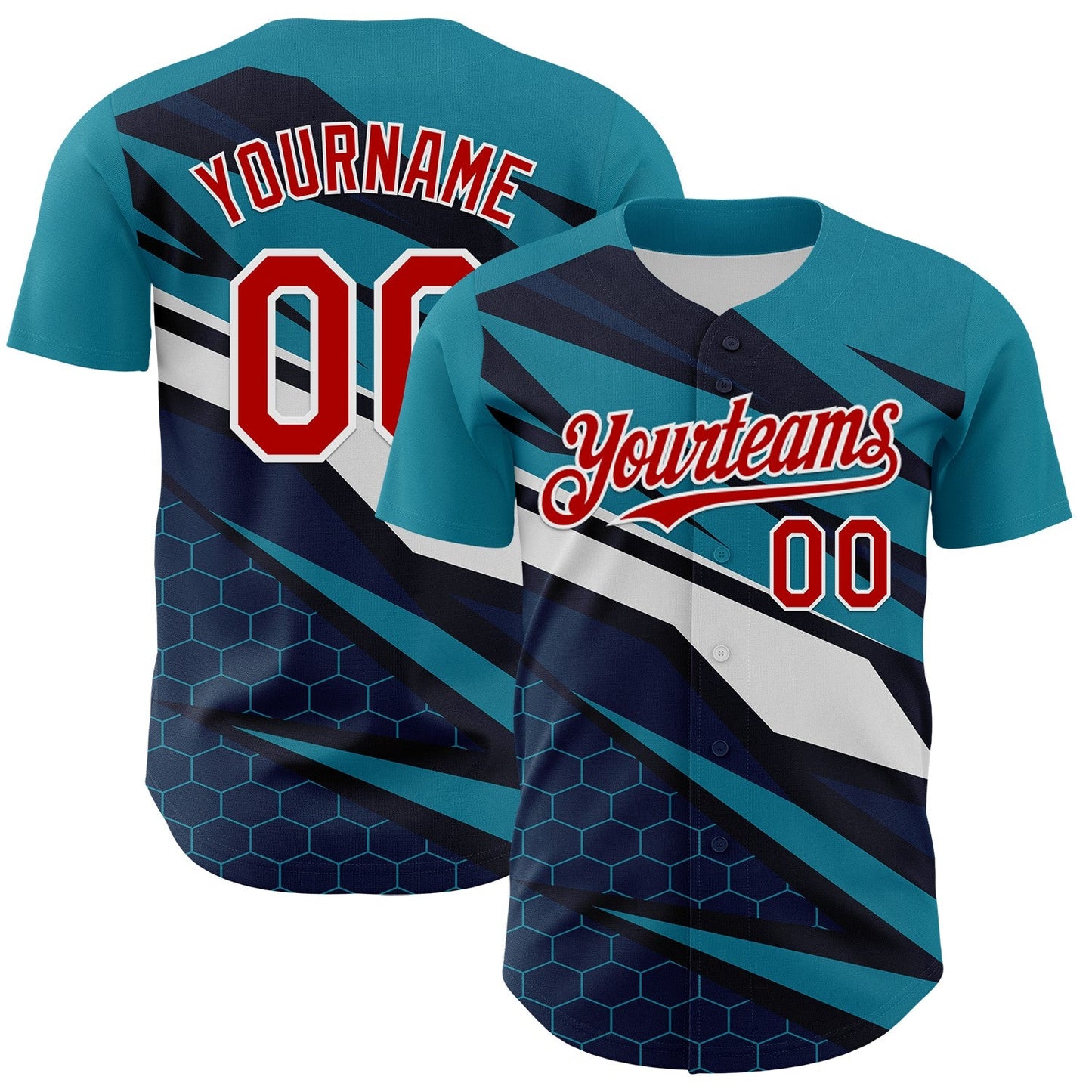 Custom Teal Red White-Navy Car Racing Formula Auto Motorsport Authentic Baseball Jersey - Main View