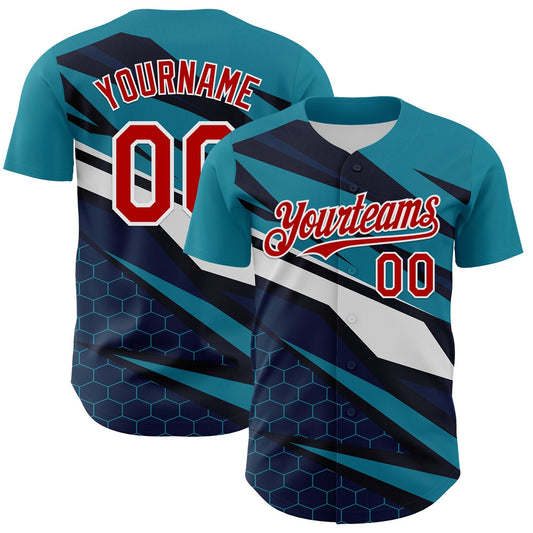 Custom Teal Red White-Navy Car Racing Formula Auto Motorsport Authentic Baseball Jersey - Main View