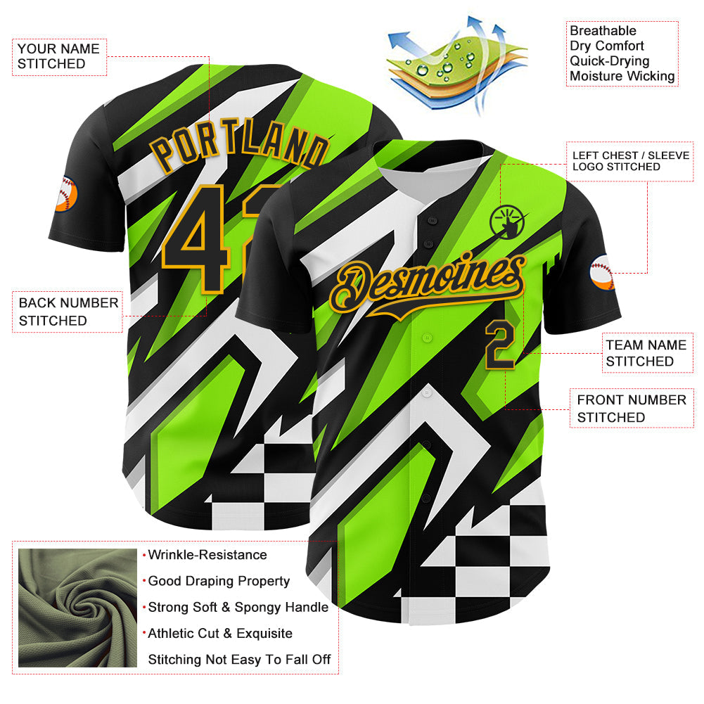 Custom Black Gold Green-White Car Racing Formula Auto Motorsport Authentic Baseball Jersey view 3