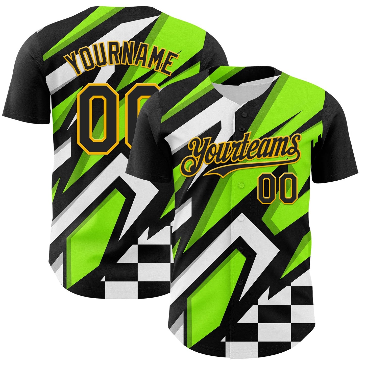 Custom Black Gold Green-White Car Racing Formula Auto Motorsport Authentic Baseball Jersey - Main View