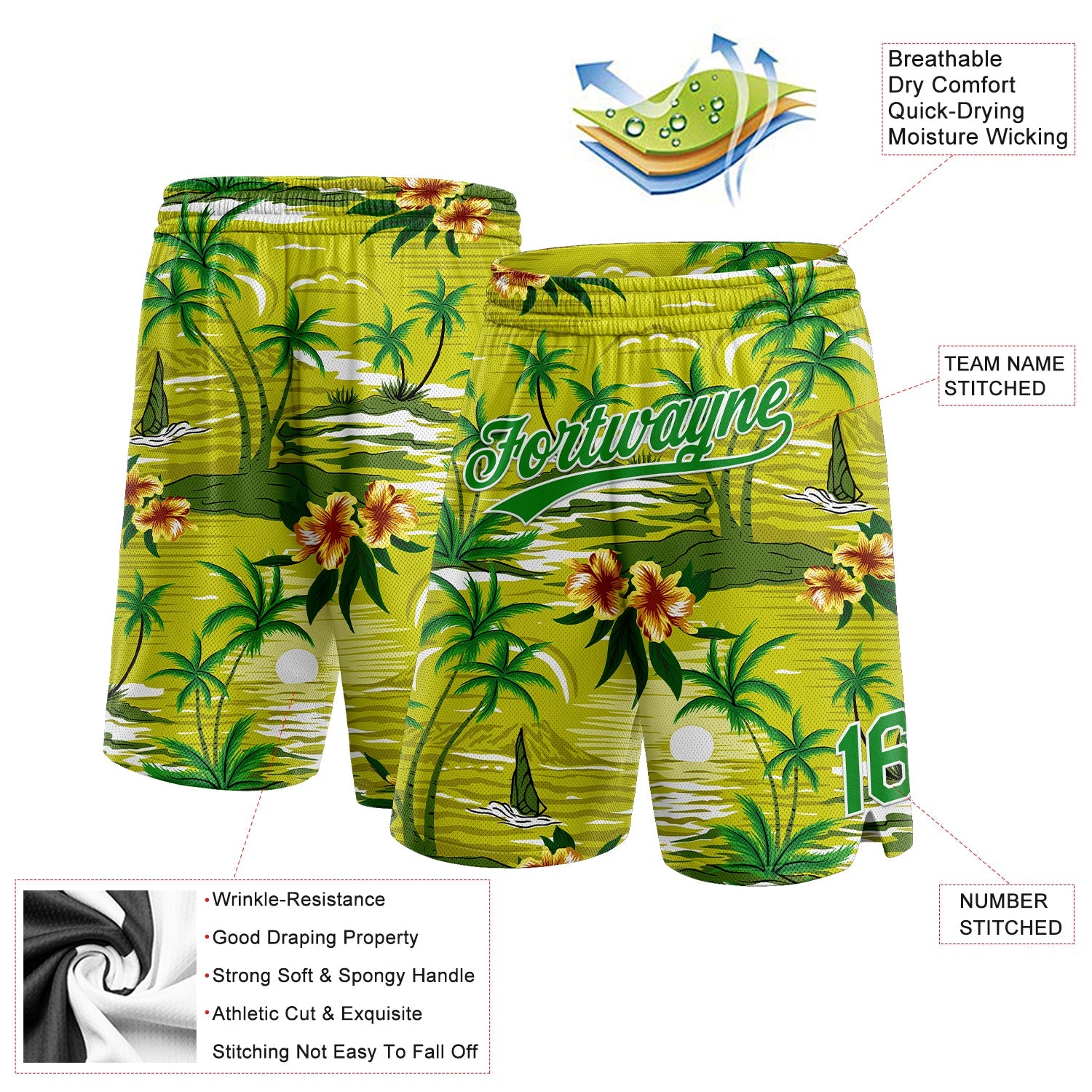 Custom Neon Green Grass Green-White 3D Pattern Tropical Hawaii Palm Trees Authentic Basketball Shorts view 2