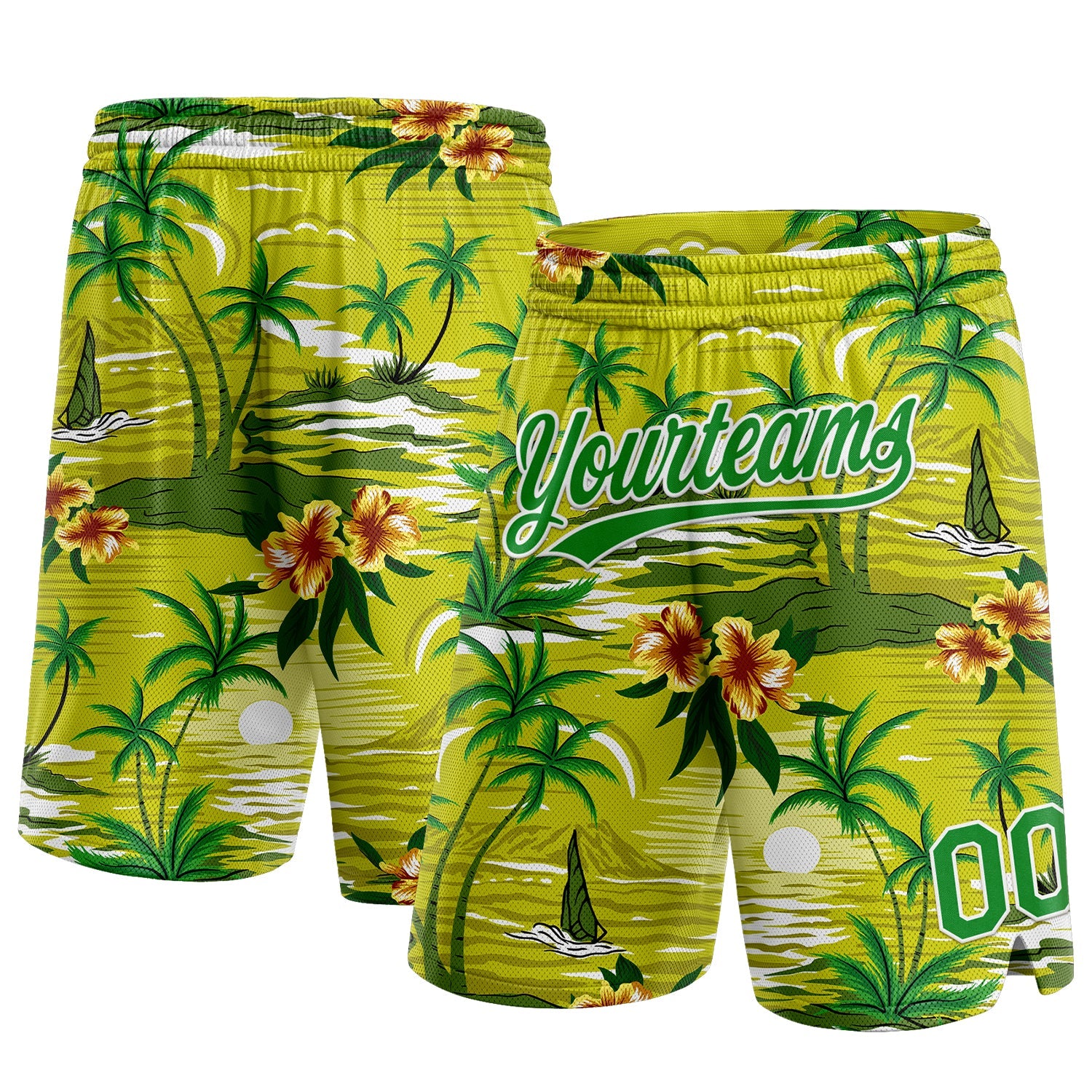 Custom Neon Green Grass Green-White 3D Pattern Tropical Hawaii Palm Trees Authentic Basketball Shorts - Main View