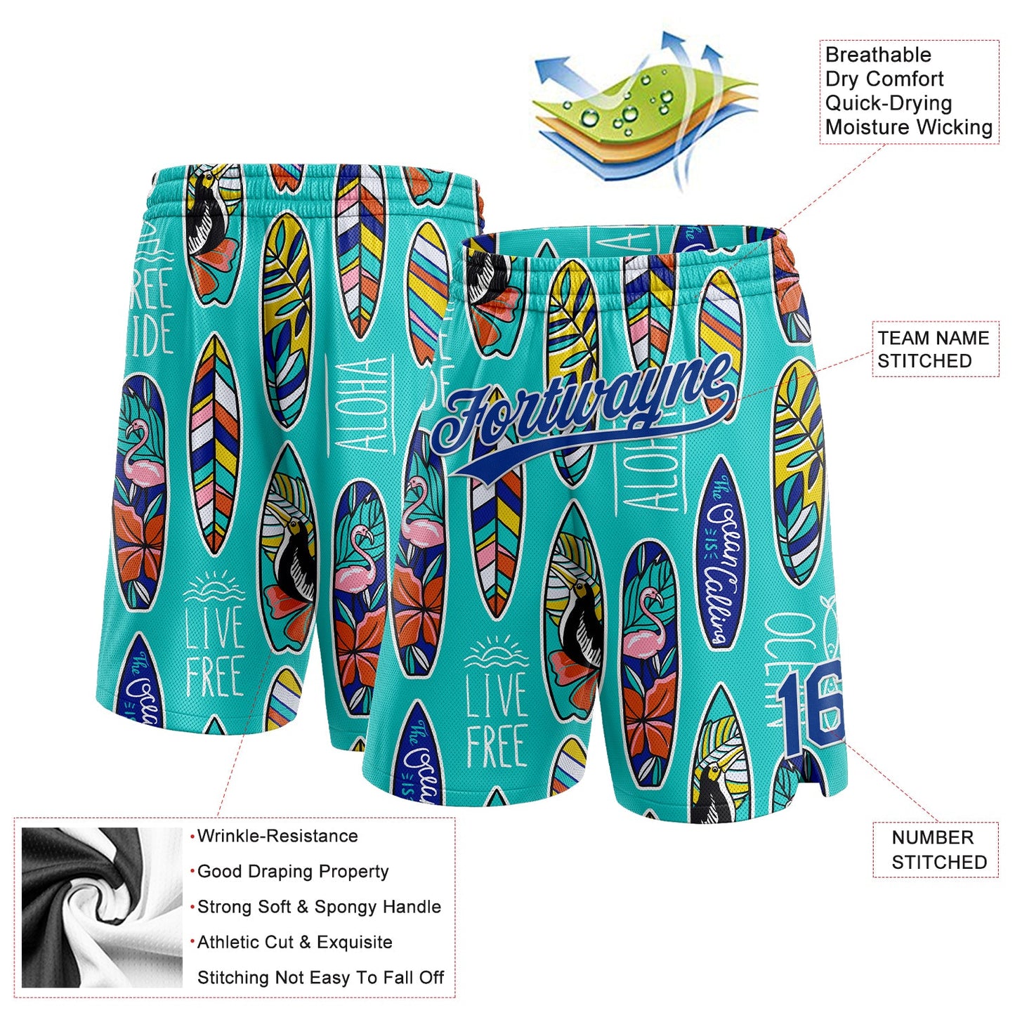 Custom Aqua Royal-White 3D Pattern Tropical Hawaii Palm Leaves Beach Surfing Authentic Basketball Shorts view 2