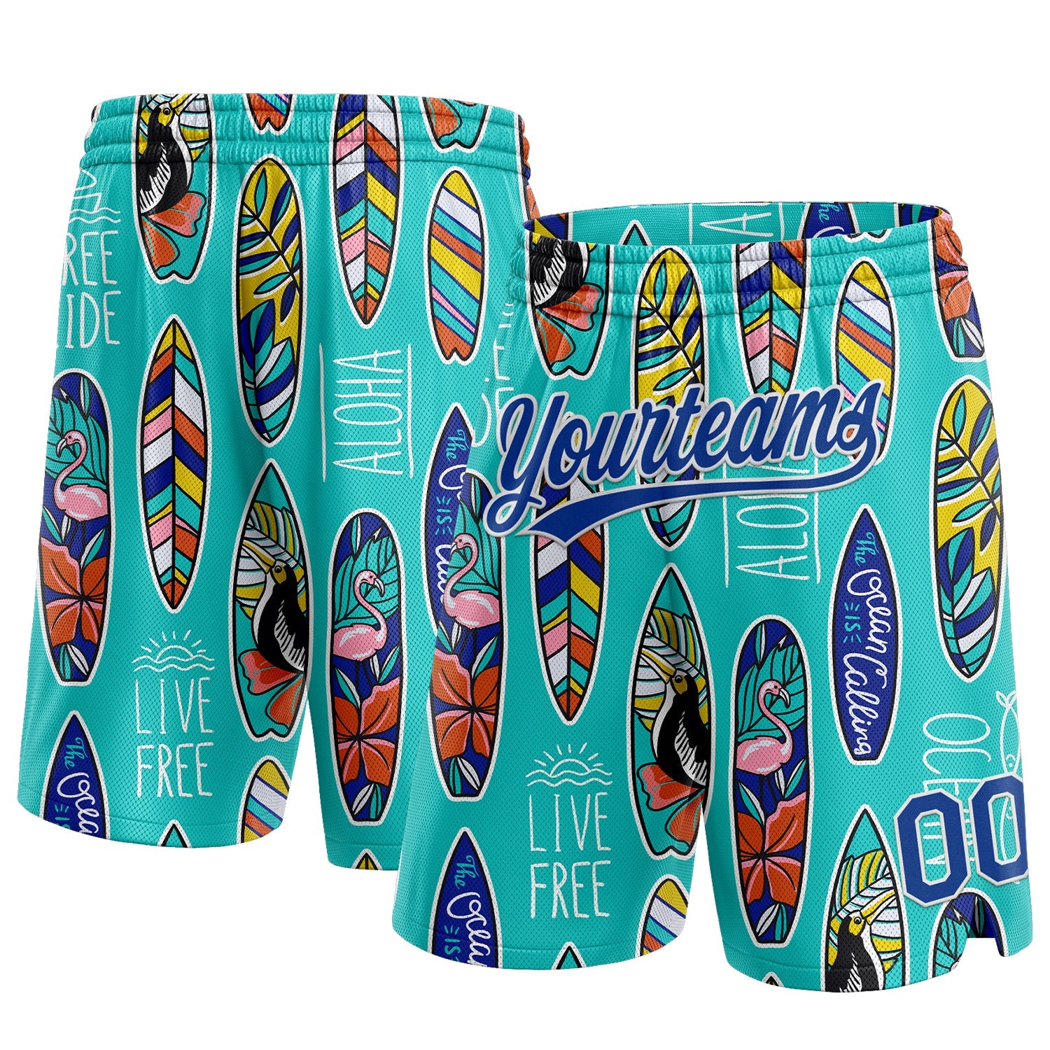 Custom Aqua Royal-White 3D Pattern Tropical Hawaii Palm Leaves Beach Surfing Authentic Basketball Shorts - Main View