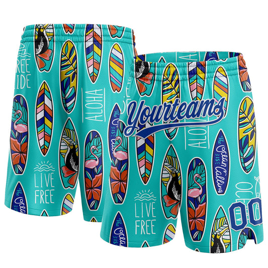 Custom Aqua Royal-White 3D Pattern Tropical Hawaii Palm Leaves Beach Surfing Authentic Basketball Shorts - Main View