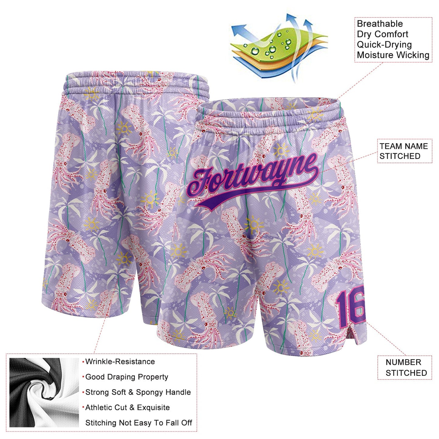 Custom Light Pink Purple-Pink 3D Pattern Hawaii Palm Trees And Squid Authentic Basketball Shorts view 2
