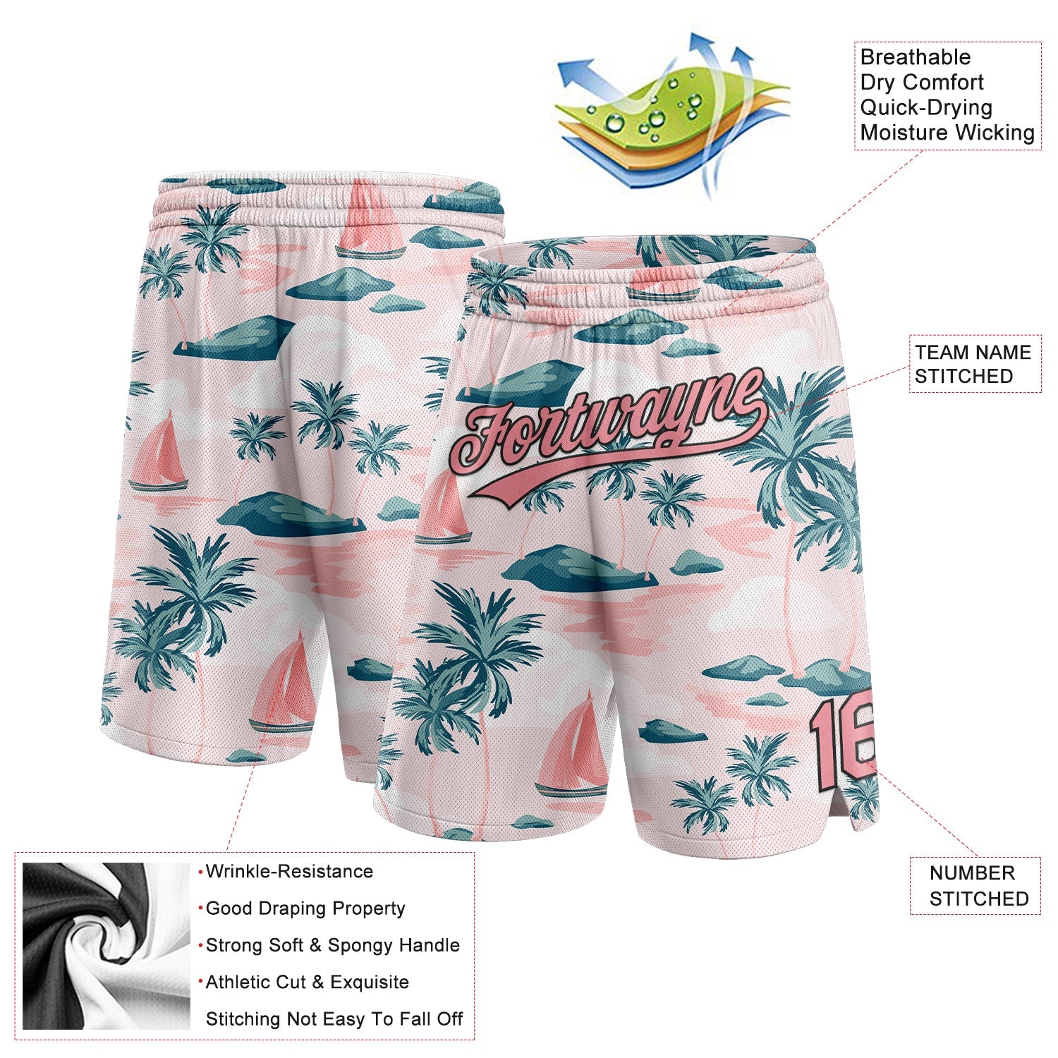 Custom Light Pink Medium Pink-Black 3D Pattern Hawaii Palm Trees And Island Authentic Basketball Shorts view 2