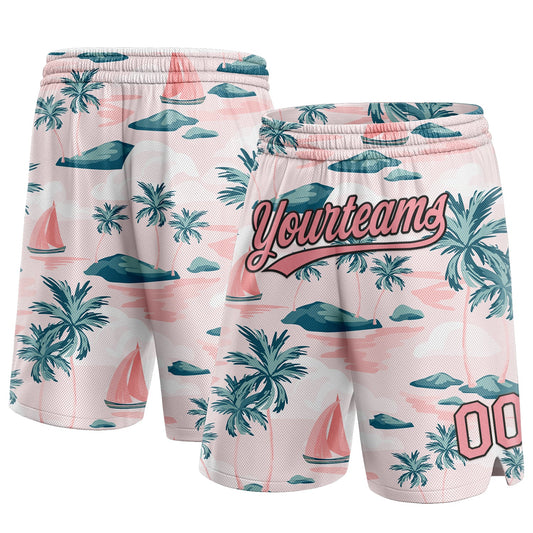 Custom Light Pink Medium Pink-Black 3D Pattern Hawaii Palm Trees And Island Authentic Basketball Shorts - Main View