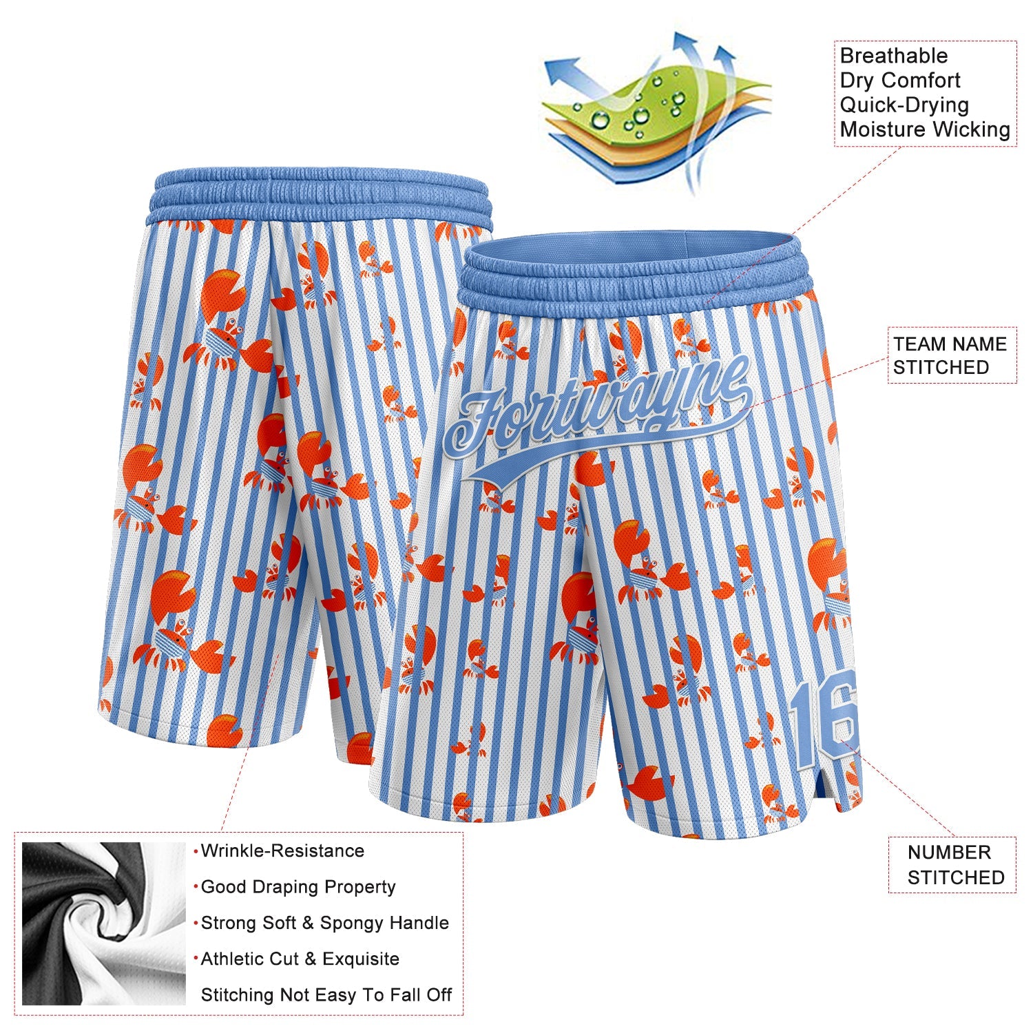 Custom Light Blue White 3D Pattern Crab Argentina Authentic Basketball Shorts view 2