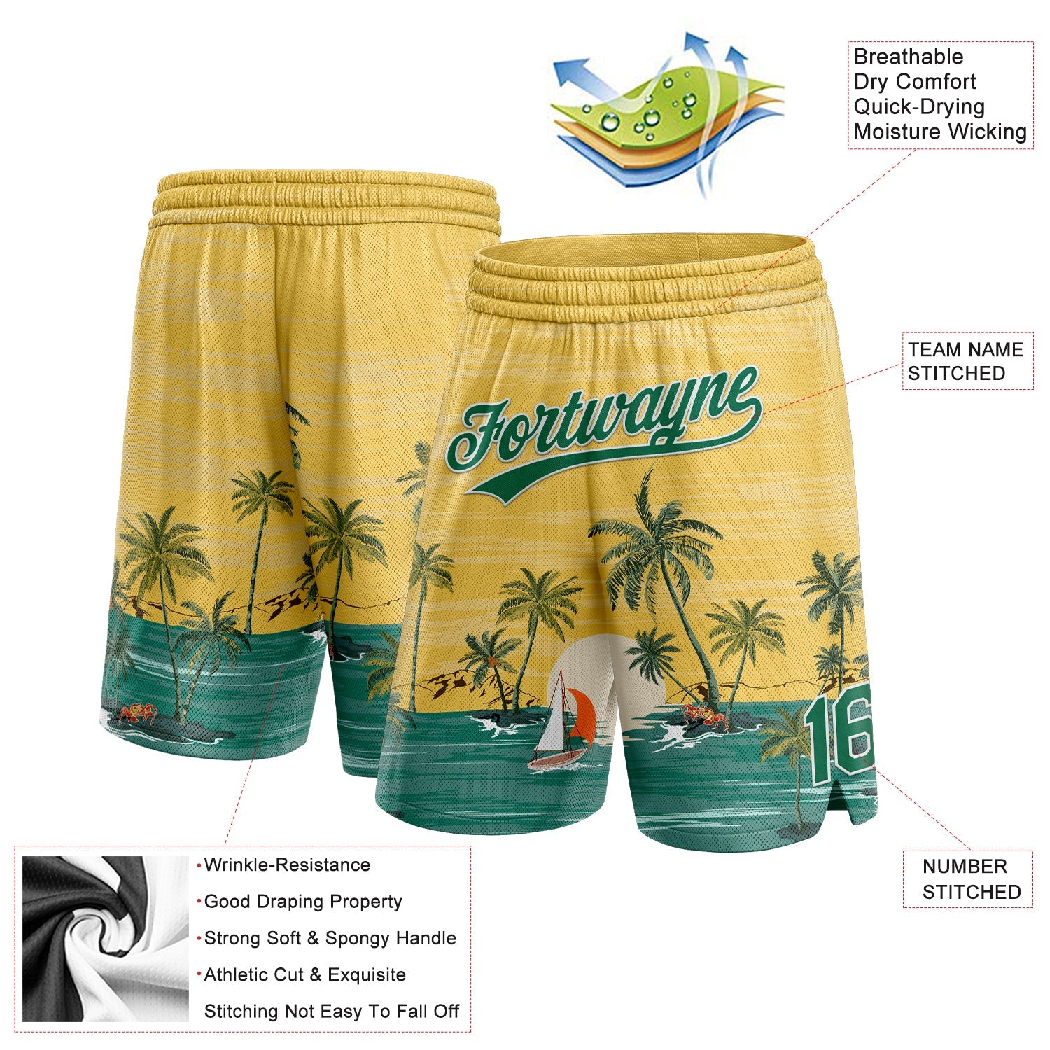 Custom Yellow Kelly Green-White 3D Pattern Hawaii Palm Trees And Island Authentic Basketball Shorts view 2