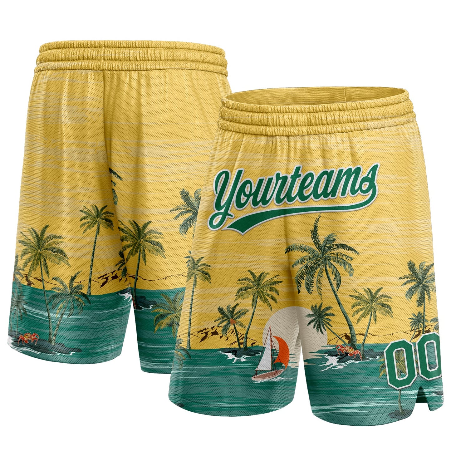 Custom Yellow Kelly Green-White 3D Pattern Hawaii Palm Trees And Island Authentic Basketball Shorts - Main View