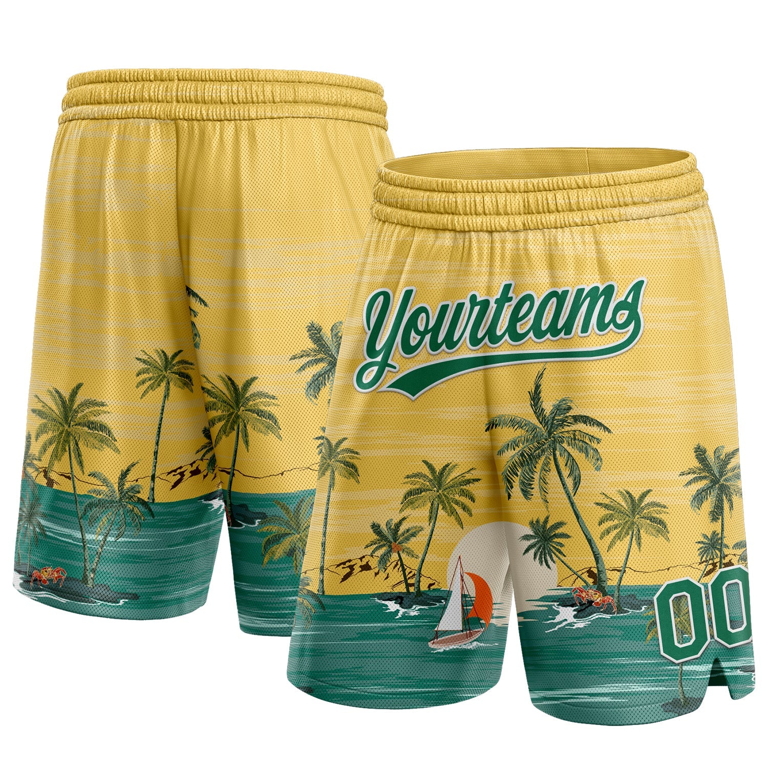 Custom Yellow Kelly Green-White 3D Pattern Hawaii Palm Trees And Island Authentic Basketball Shorts - Main View