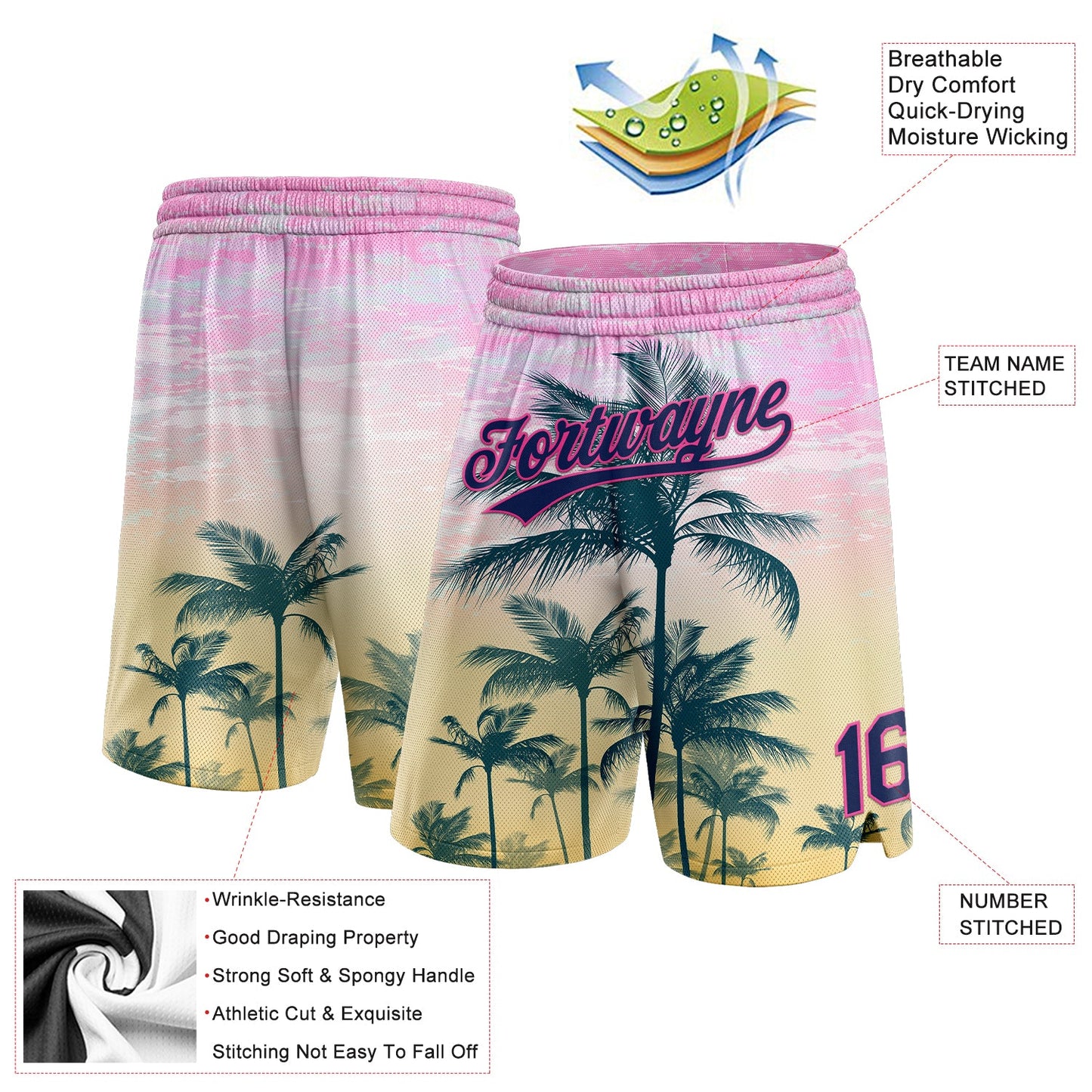 Custom Pink Navy 3D Pattern Hawaii Palm Trees Authentic Basketball Shorts view 2