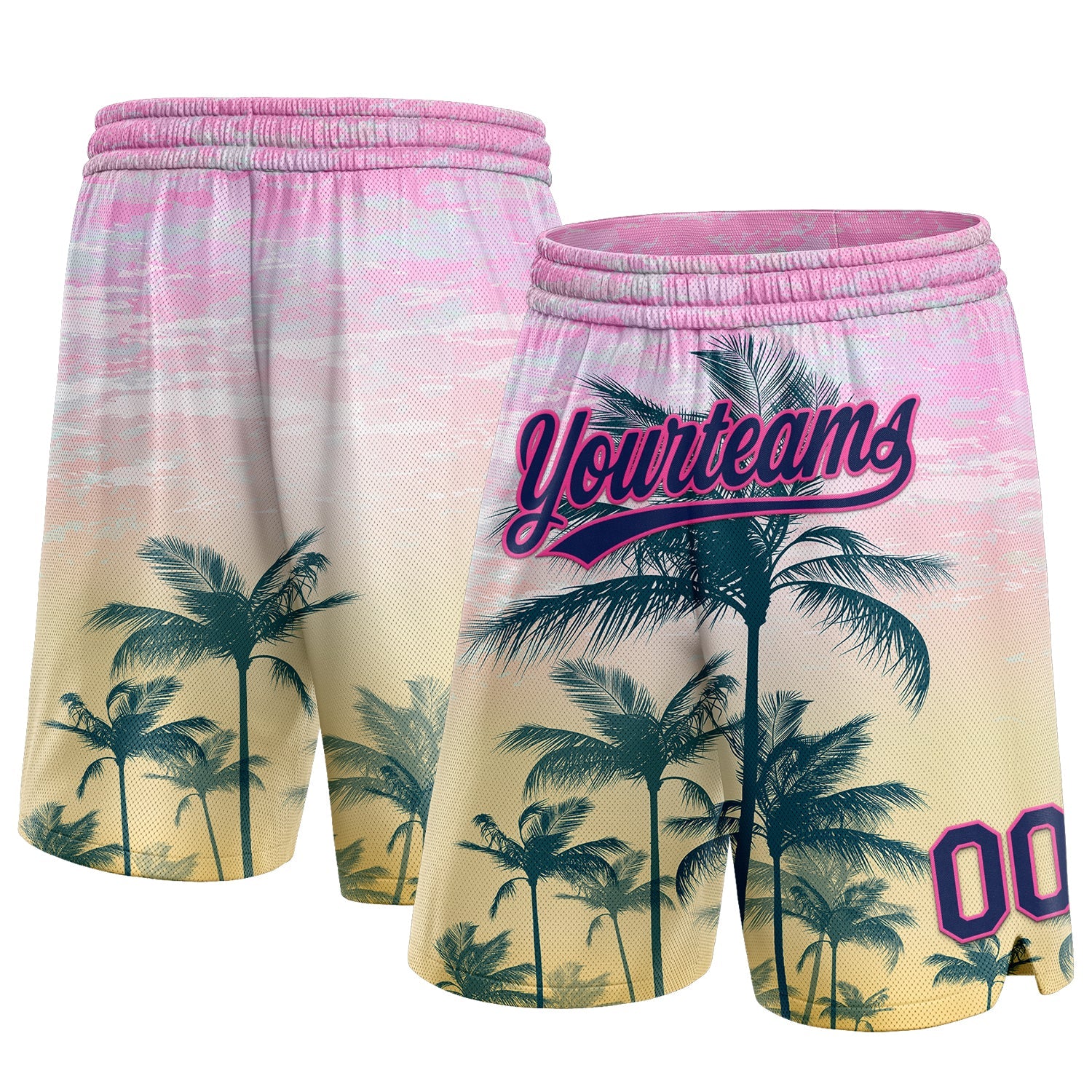 Custom Pink Navy 3D Pattern Hawaii Palm Trees Authentic Basketball Shorts - Main View