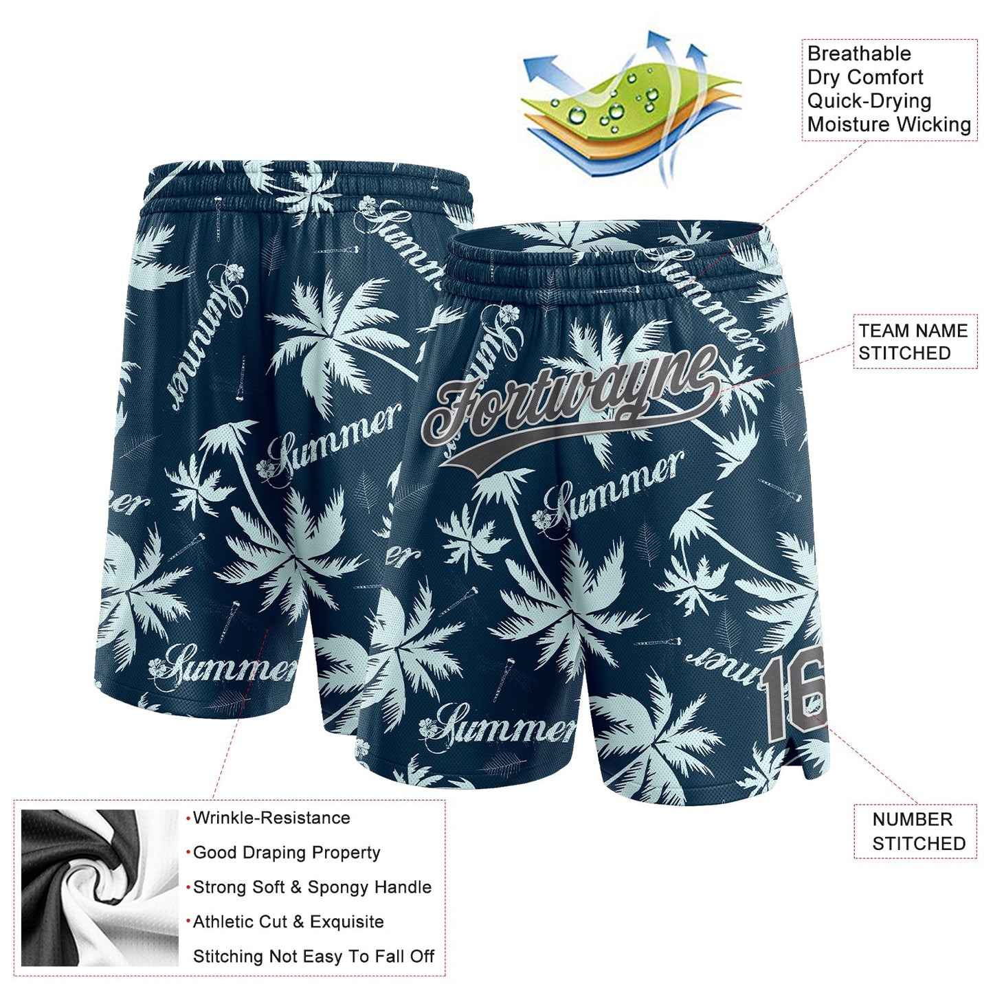 Custom Navy Steel Gray-White 3D Pattern Hawaii Palm Trees Authentic Basketball Shorts view 2