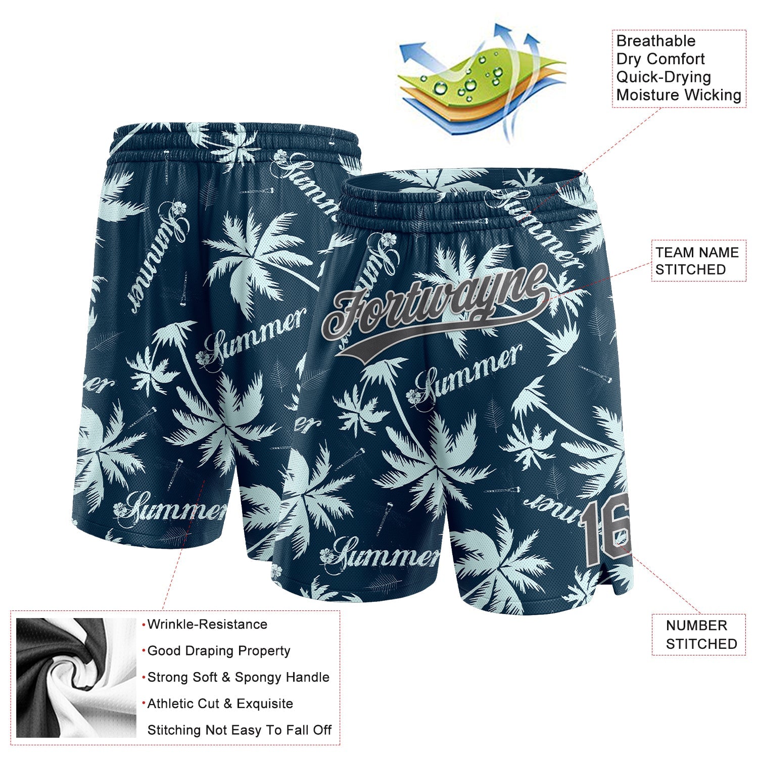 Custom Navy Steel Gray-White 3D Pattern Hawaii Palm Trees Authentic Basketball Shorts view 2