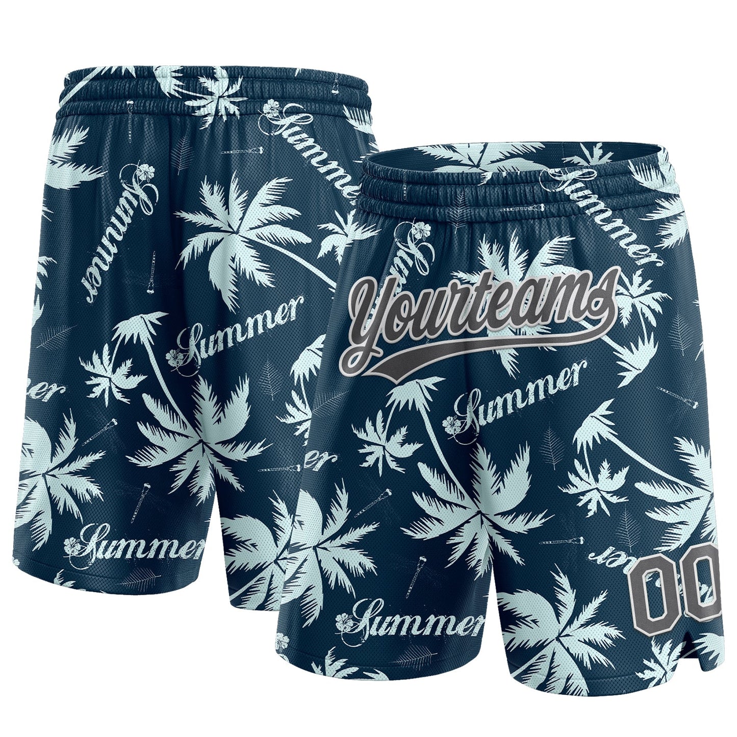 Custom Navy Steel Gray-White 3D Pattern Hawaii Palm Trees Authentic Basketball Shorts - Main View